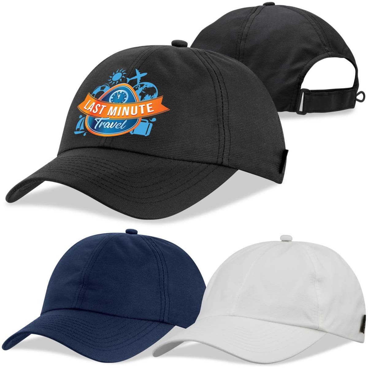 A collection of three caps in black, navy, and white, featuring a logo on the front of one cap.
