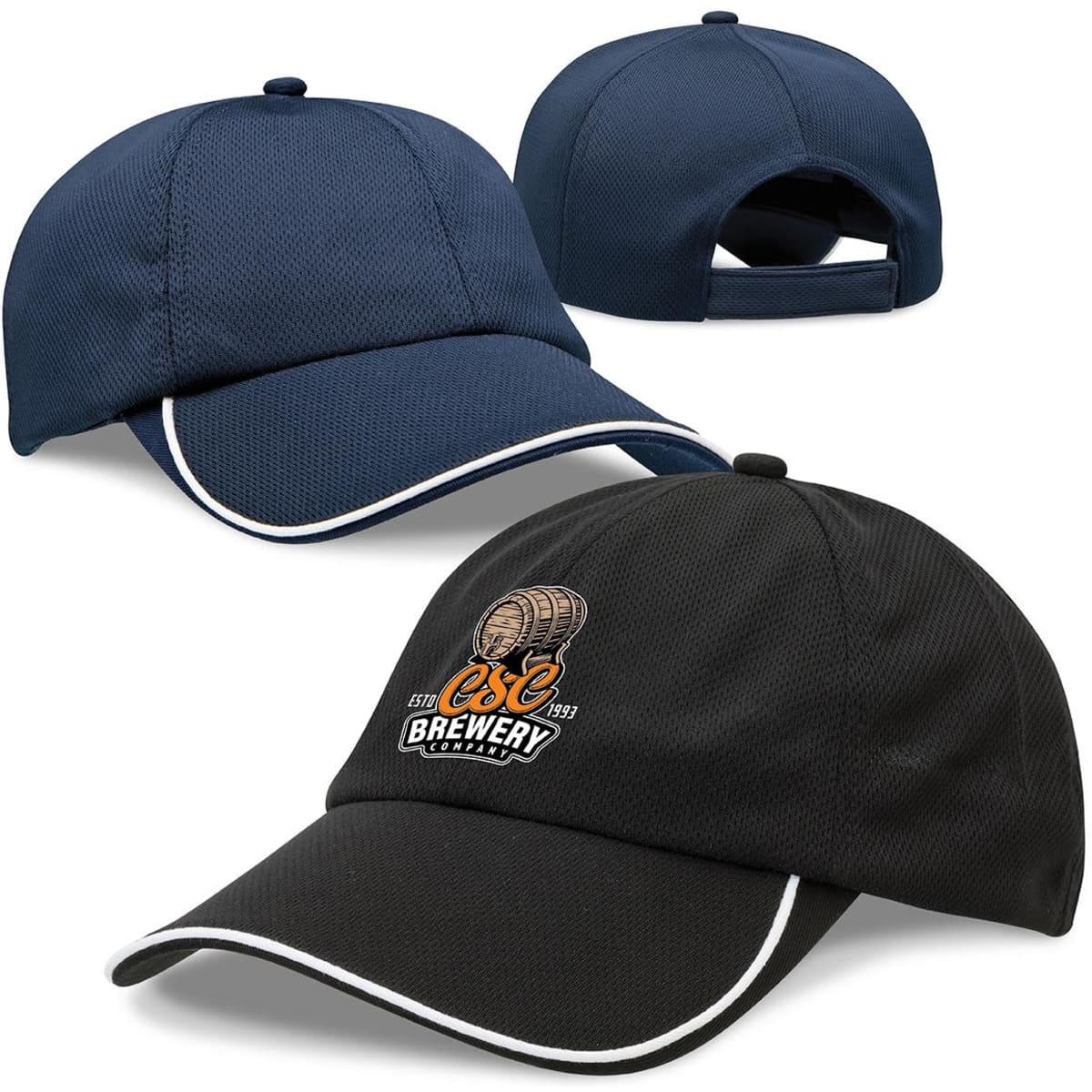 A navy blue cap and a black cap with white detailing, featuring a logo on the front.