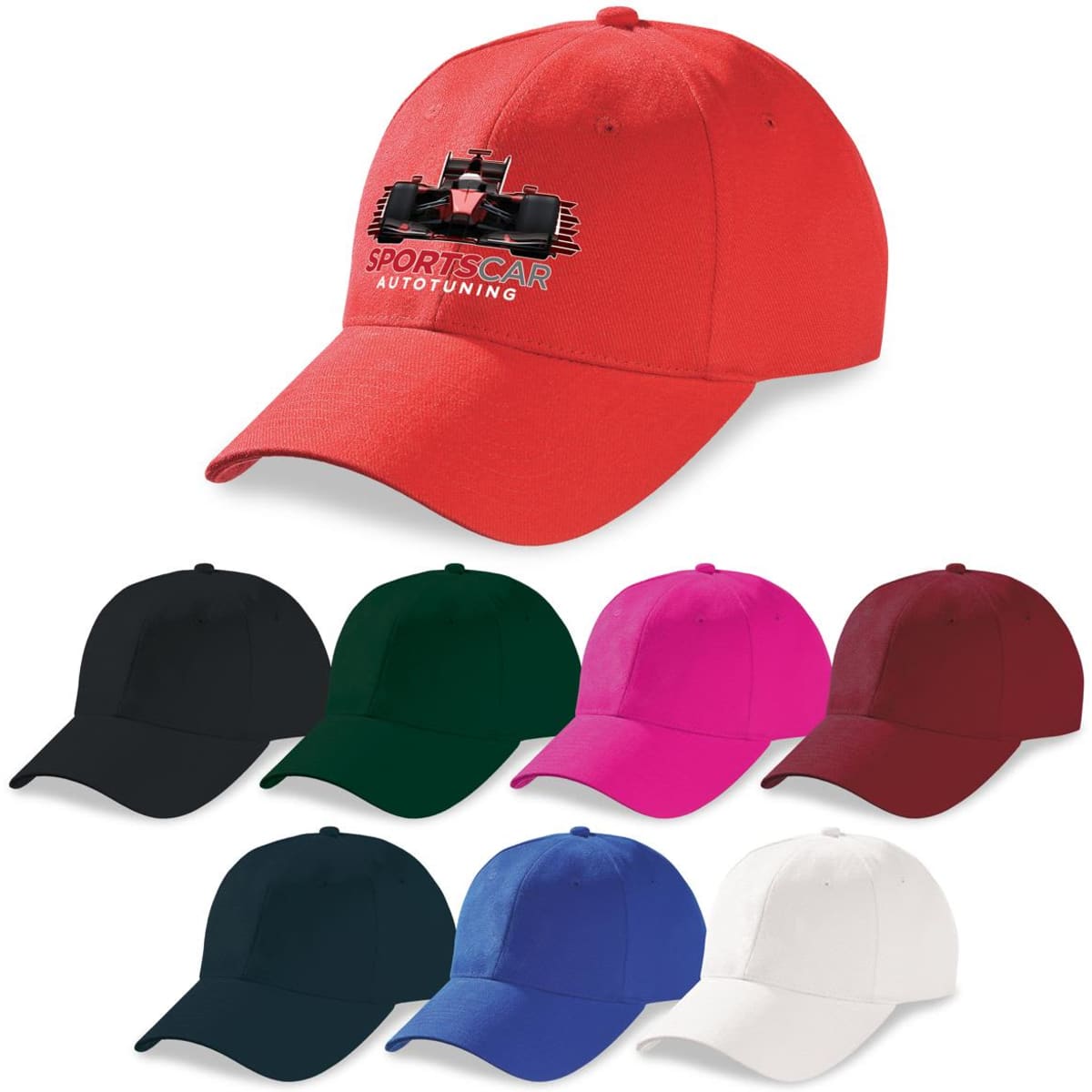 A red cap with a logo, surrounded by caps in black, green, pink, burgundy, blue, and white.