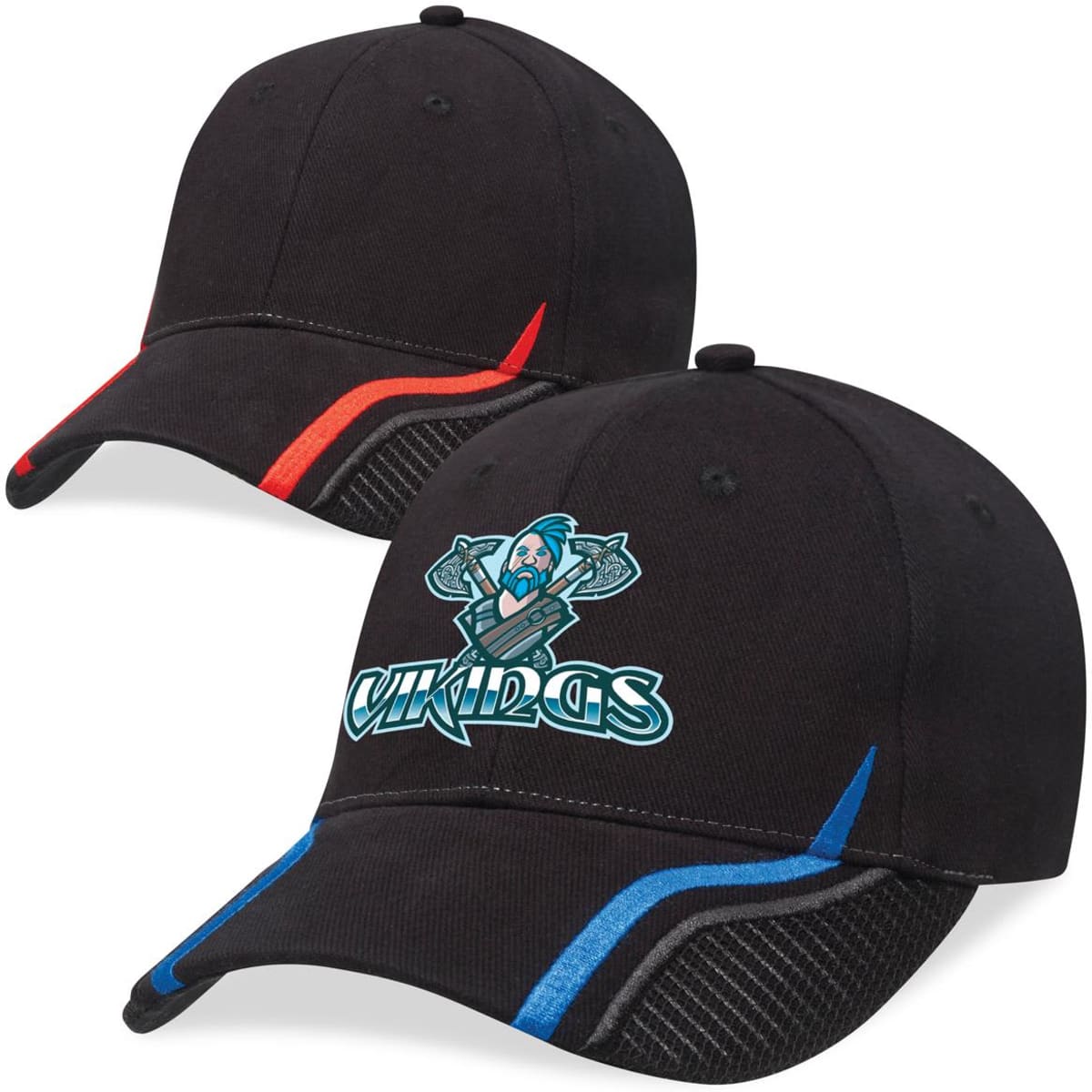 A black cap featuring a logo and coloured accents in red and blue on the sides.