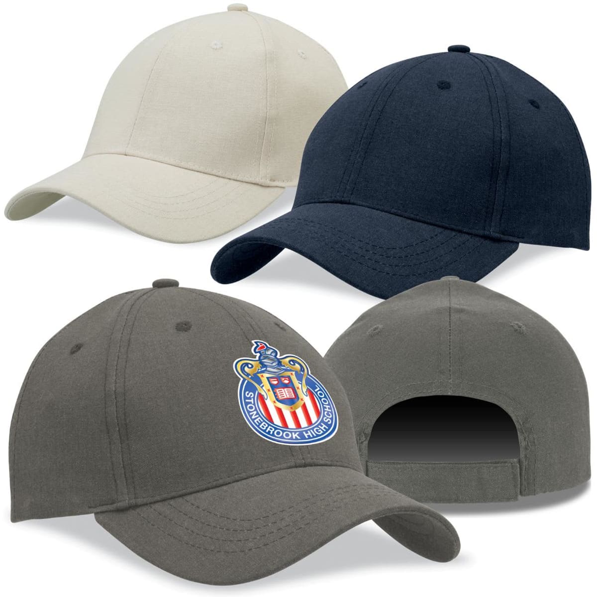 Various caps in beige, navy, and olive green, featuring a logo on one of the hats.