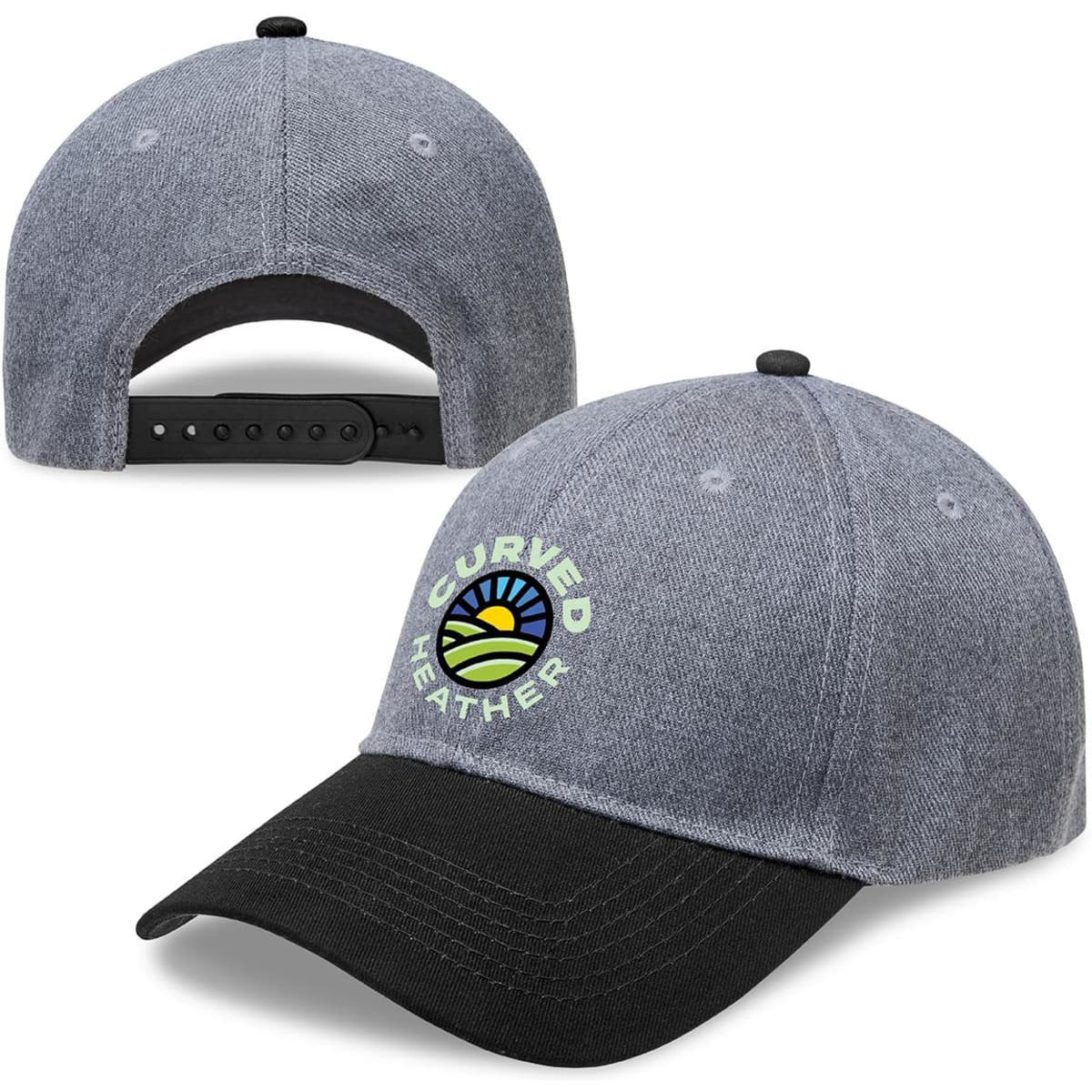 A curved cap in heather grey with a black peak and a logo on the front. Features an adjustable strap at the back.