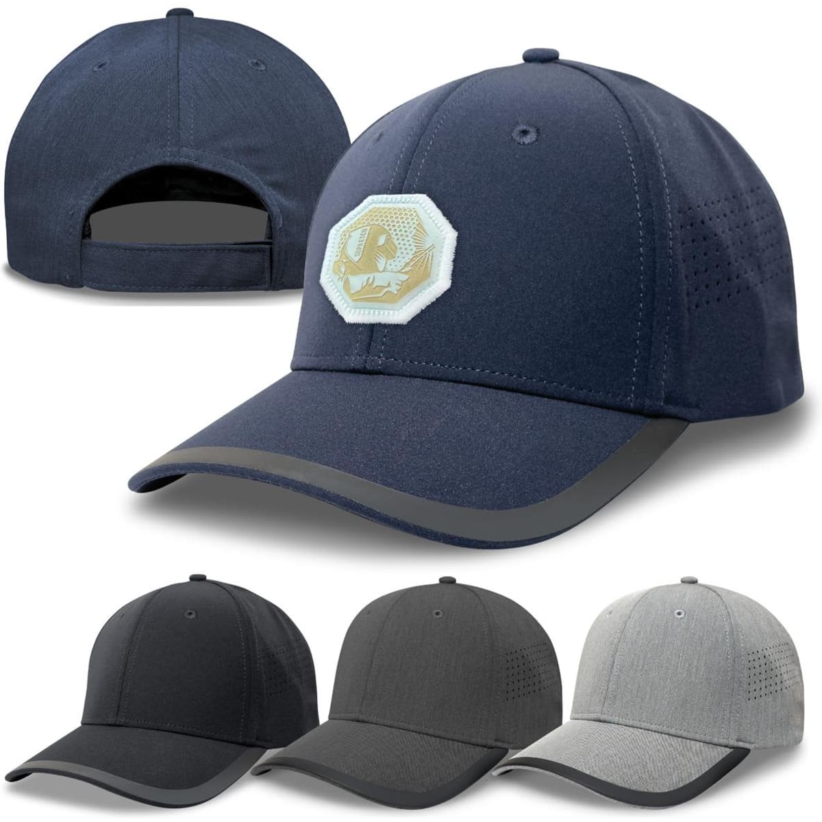 A navy cap with a logo, featuring black, grey, and light grey options, showcasing a sleek design and curved brim.