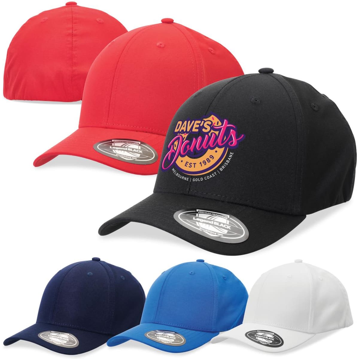 A selection of caps in red, black, navy, blue, and white featuring a logo on the front.