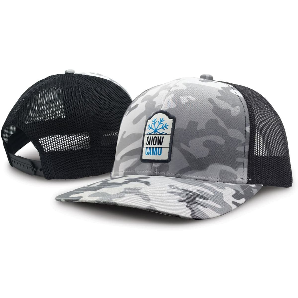 A trucker cap in grey snow camouflage with a black mesh back and a badge on the front.