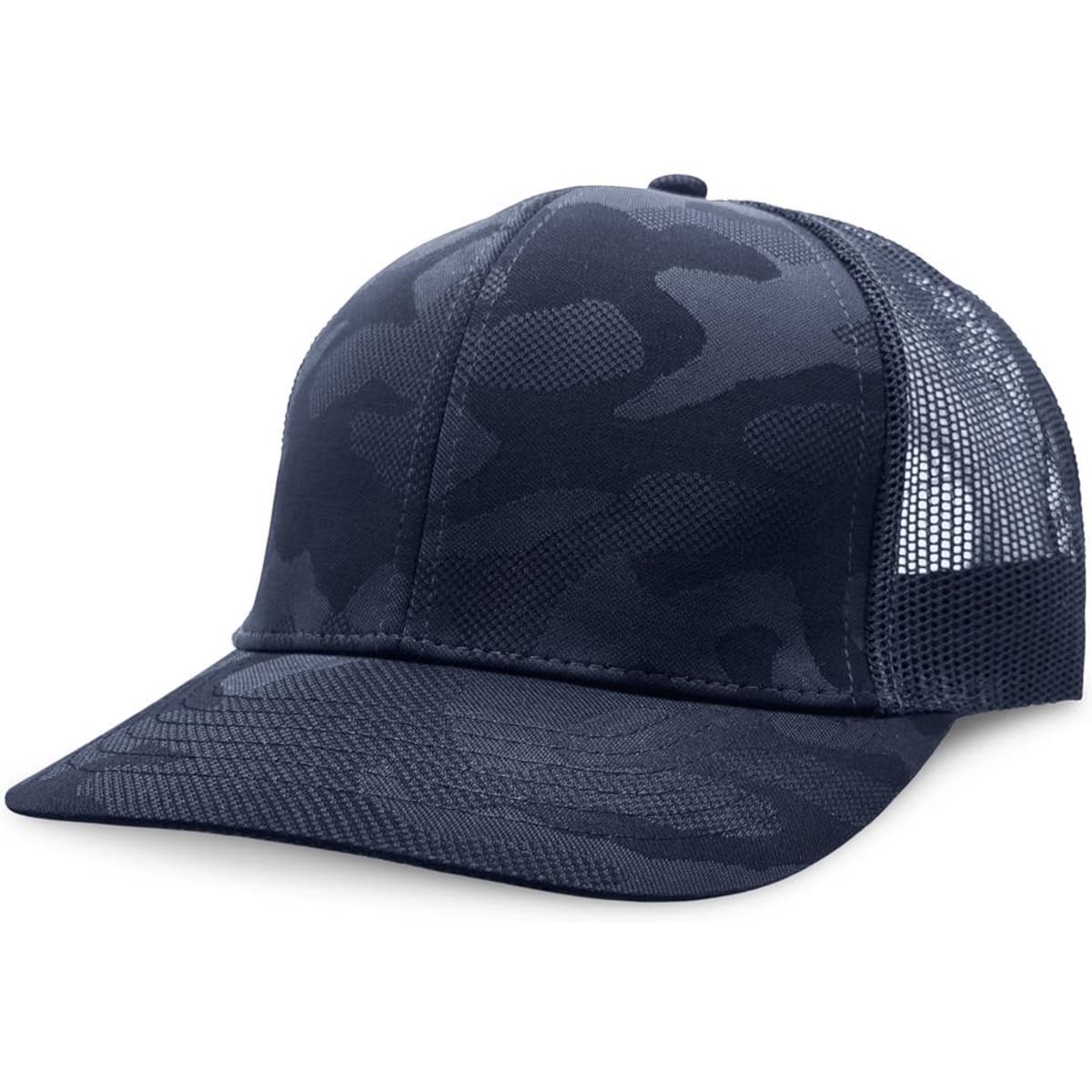 A navy camouflage trucker cap with a mesh back and a solid front panel. It features a curved brim and a logo.