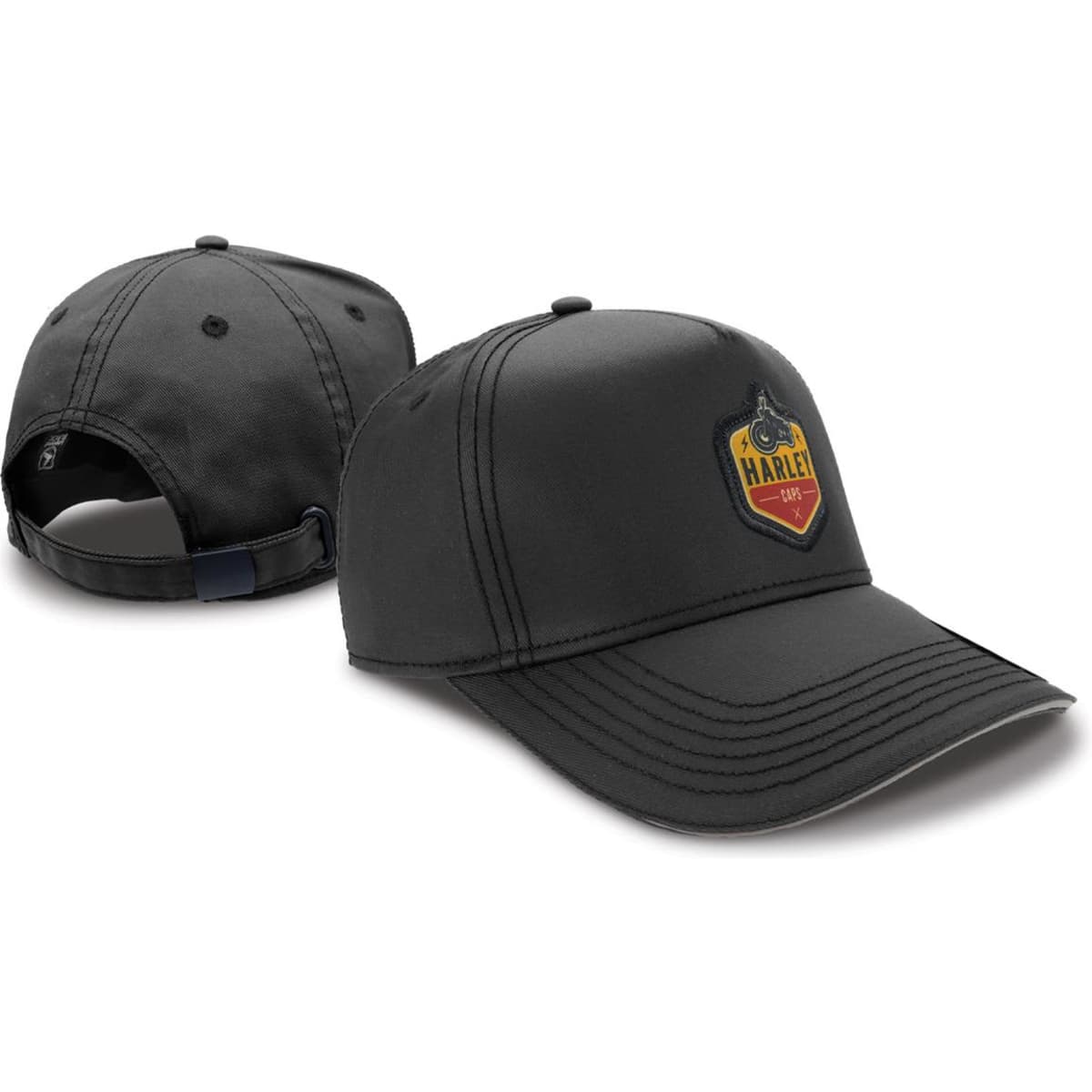 A black cap with a logo on the front and a casual design, featuring a curved brim and an adjustable strap.