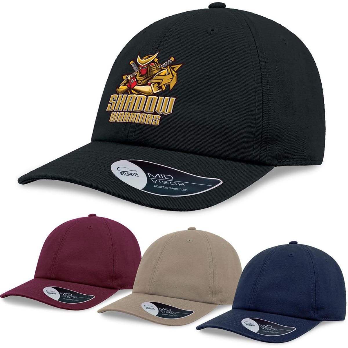 A black cap with a logo, alongside burgundy, beige, and navy caps in a promotional display for headwear.