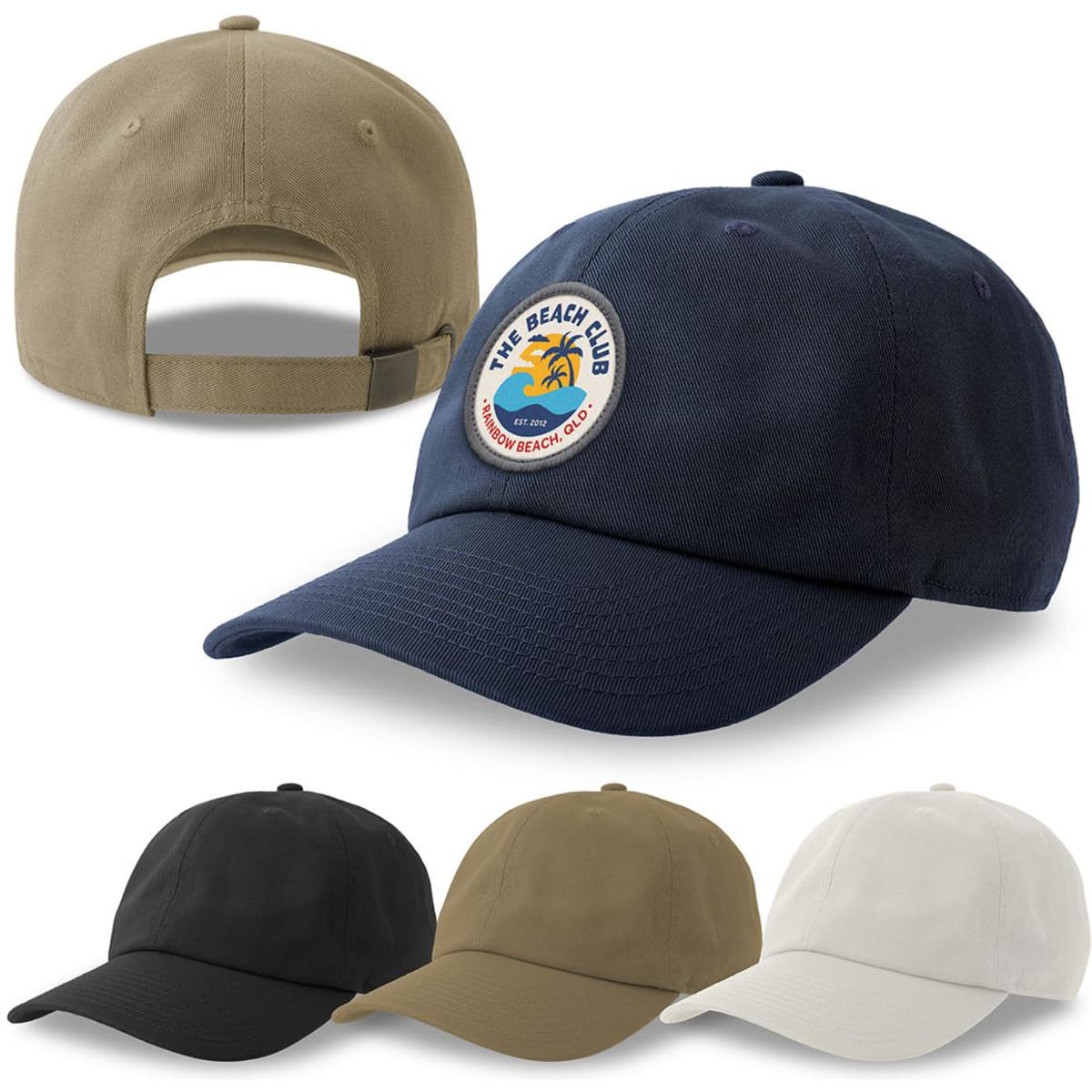 A collection of Dad Hats in navy, black, khaki, and cream, featuring a logo on the front of the navy cap.
