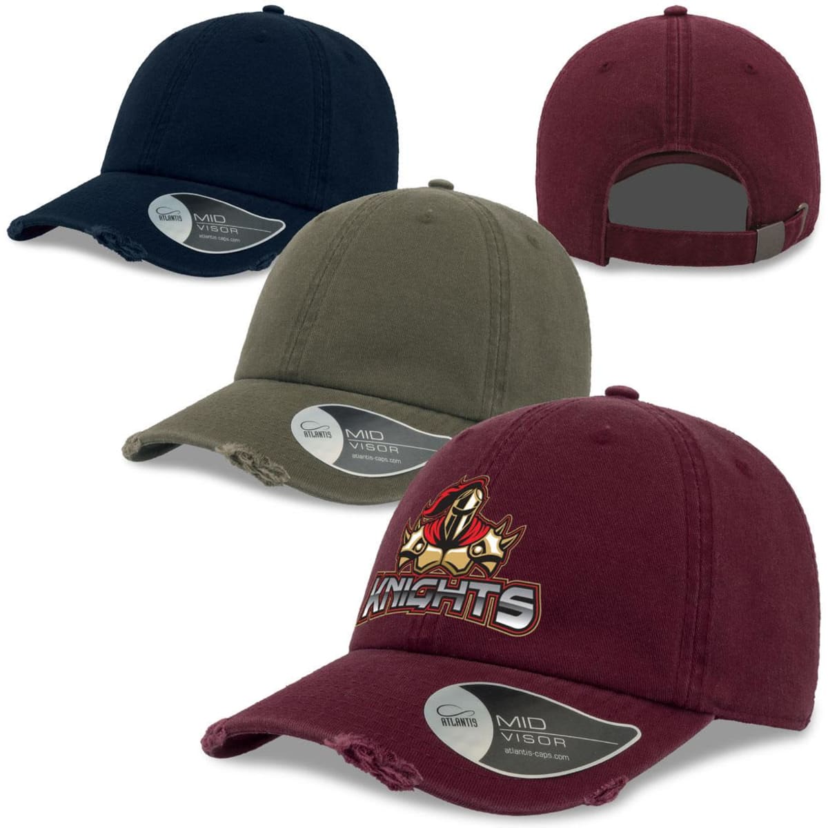A collection of "Dad Hat Destroyed" caps in navy, olive, and burgundy, featuring a logo on one cap.