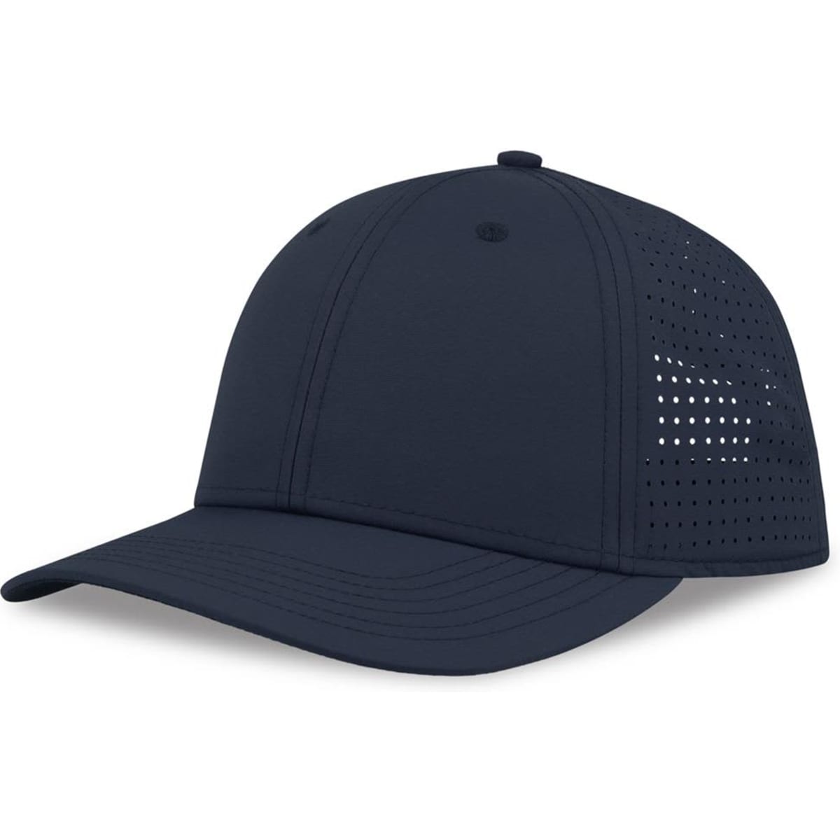 A navy blue cap with perforated side panels and a curved brim, featuring a prominent logo.