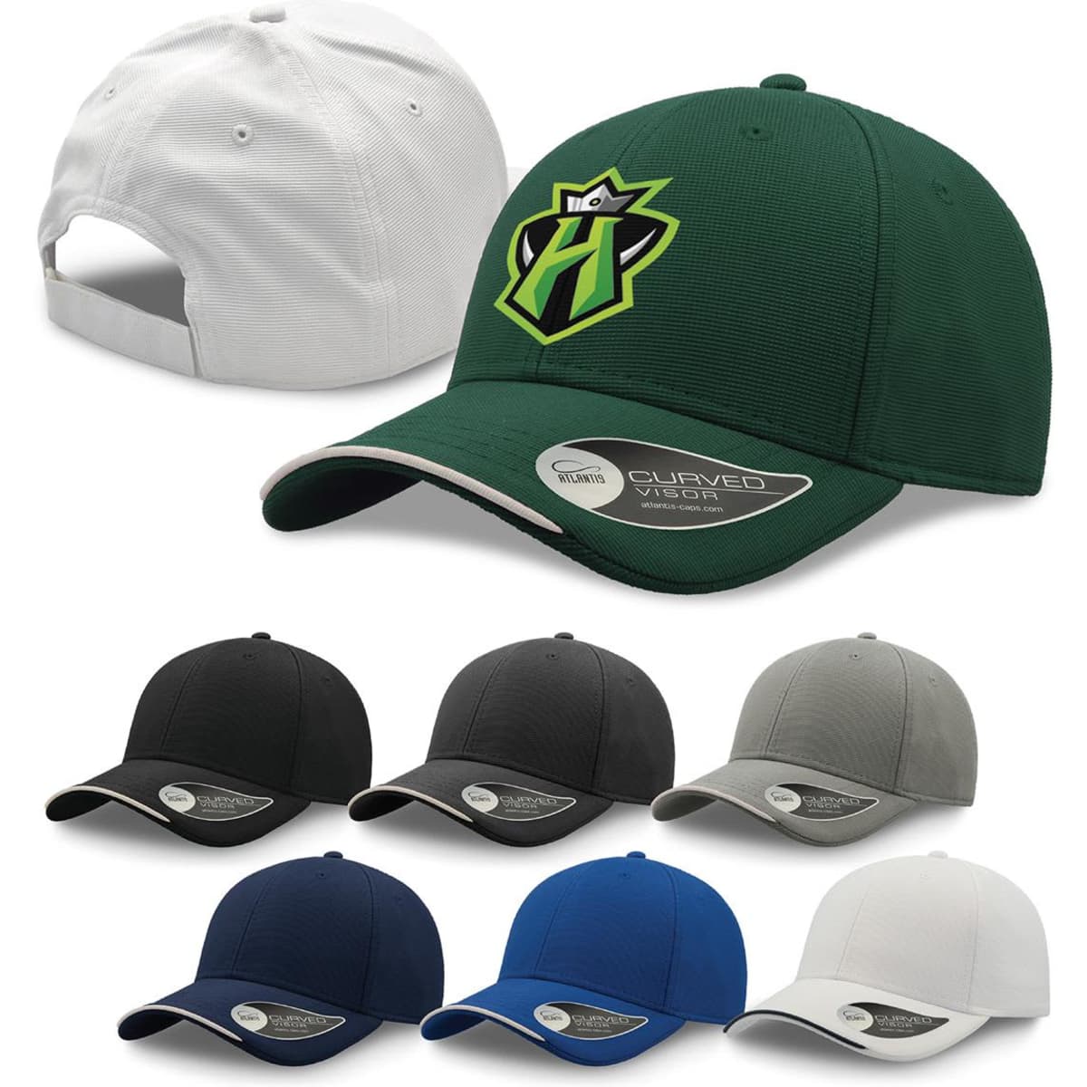 A collection of caps in green, black, grey, blue, and white, featuring a logo on the front.