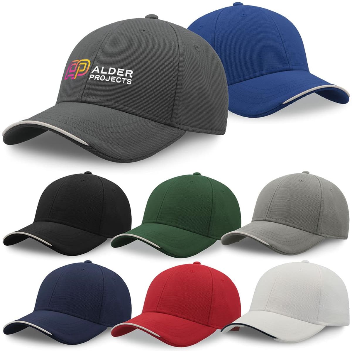 A set of eight caps in various colours, including grey, blue, green, black, navy, red, and white, featuring a logo.