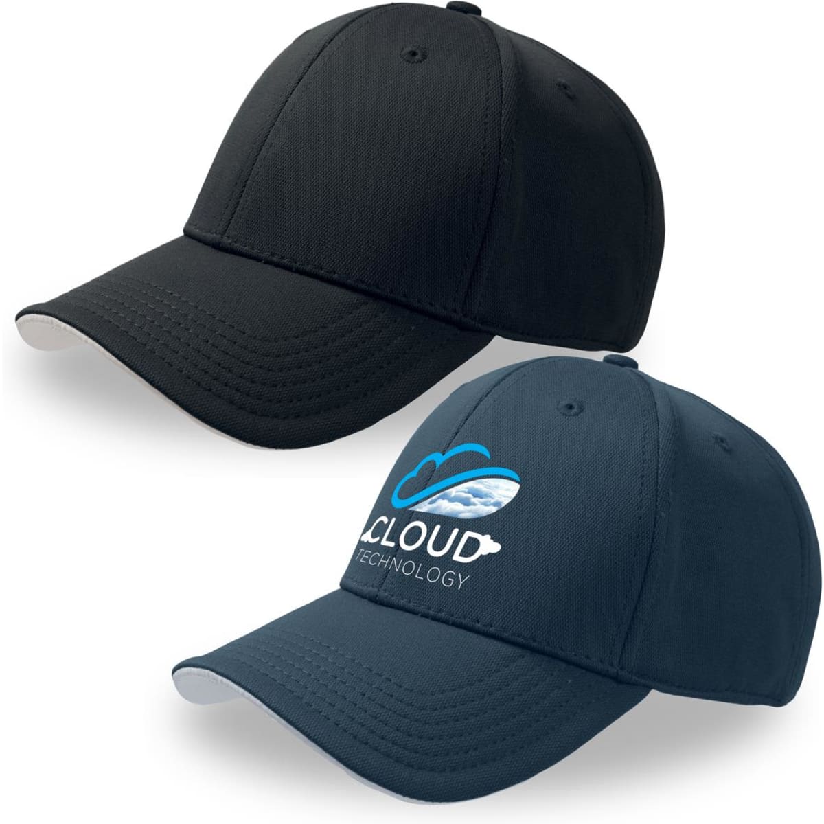 Two caps are displayed: one in solid black and the other in a dark shade with a logo. Both have a classic design.