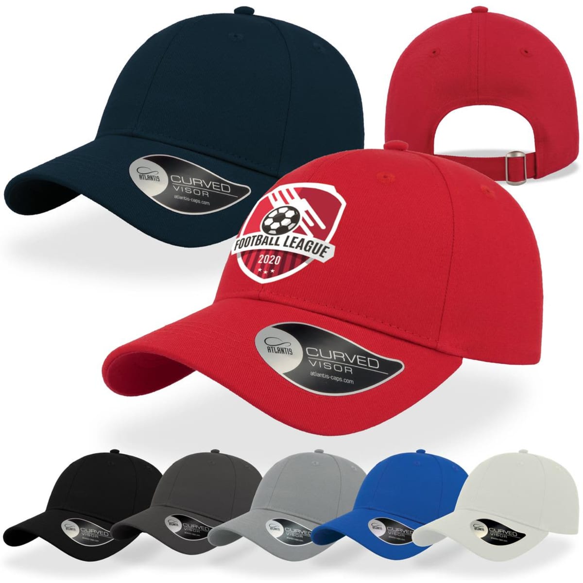 A collection of caps in various colours, featuring a curved visor and a logo on the front.
