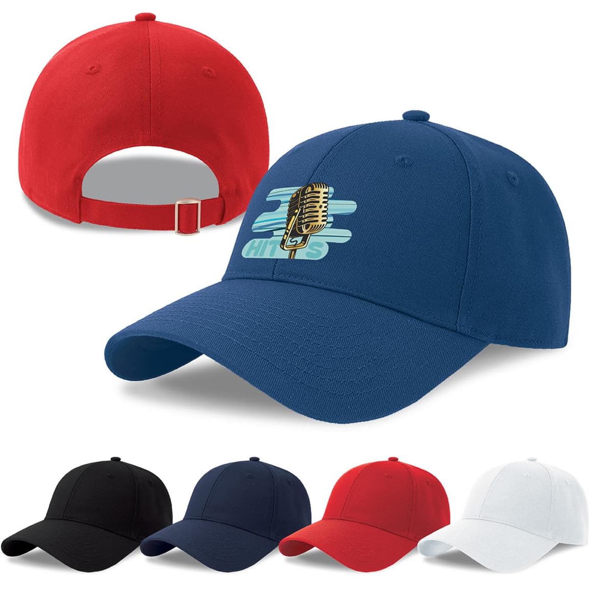 A collection of caps in red, blue, black, navy, and white, featuring a logo on the front of the blue cap.