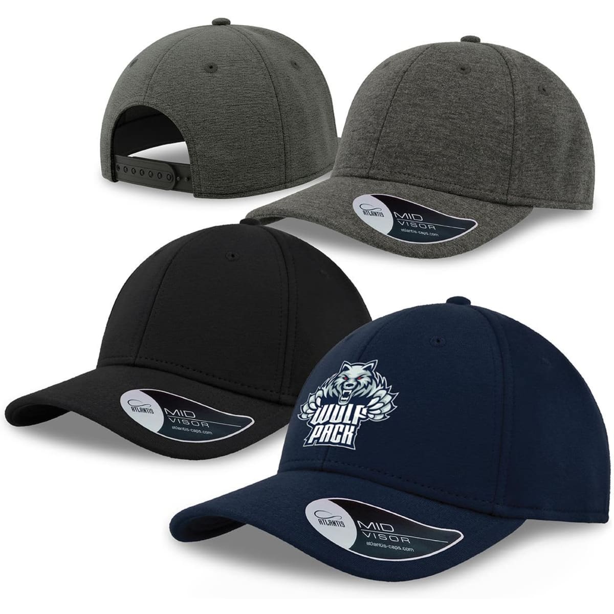 A collection of caps in grey, black, and navy, featuring a logo on the navy cap. Each has a branded tag.