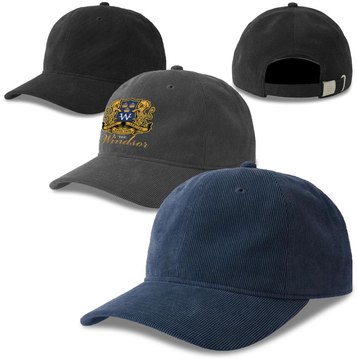 A navy and dark grey recycled corduroy cap with a branded logo on the front and an adjustable strap at the back.
