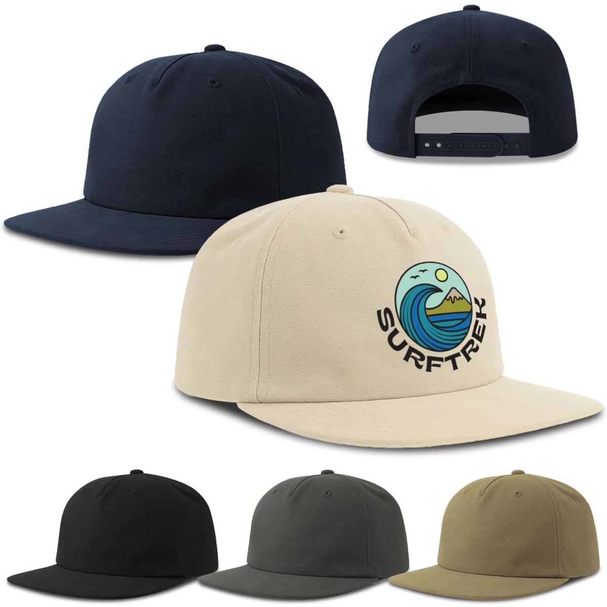A flat peak cap in cream with a logo, available in navy, black, olive, and stone colours.