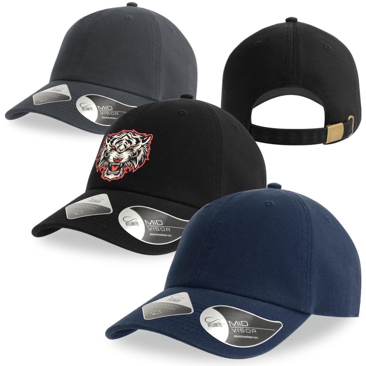 A collection of Fraser Organic Dad Hats in black and navy featuring a logo on one. They have a curved visor and adjustable strap.