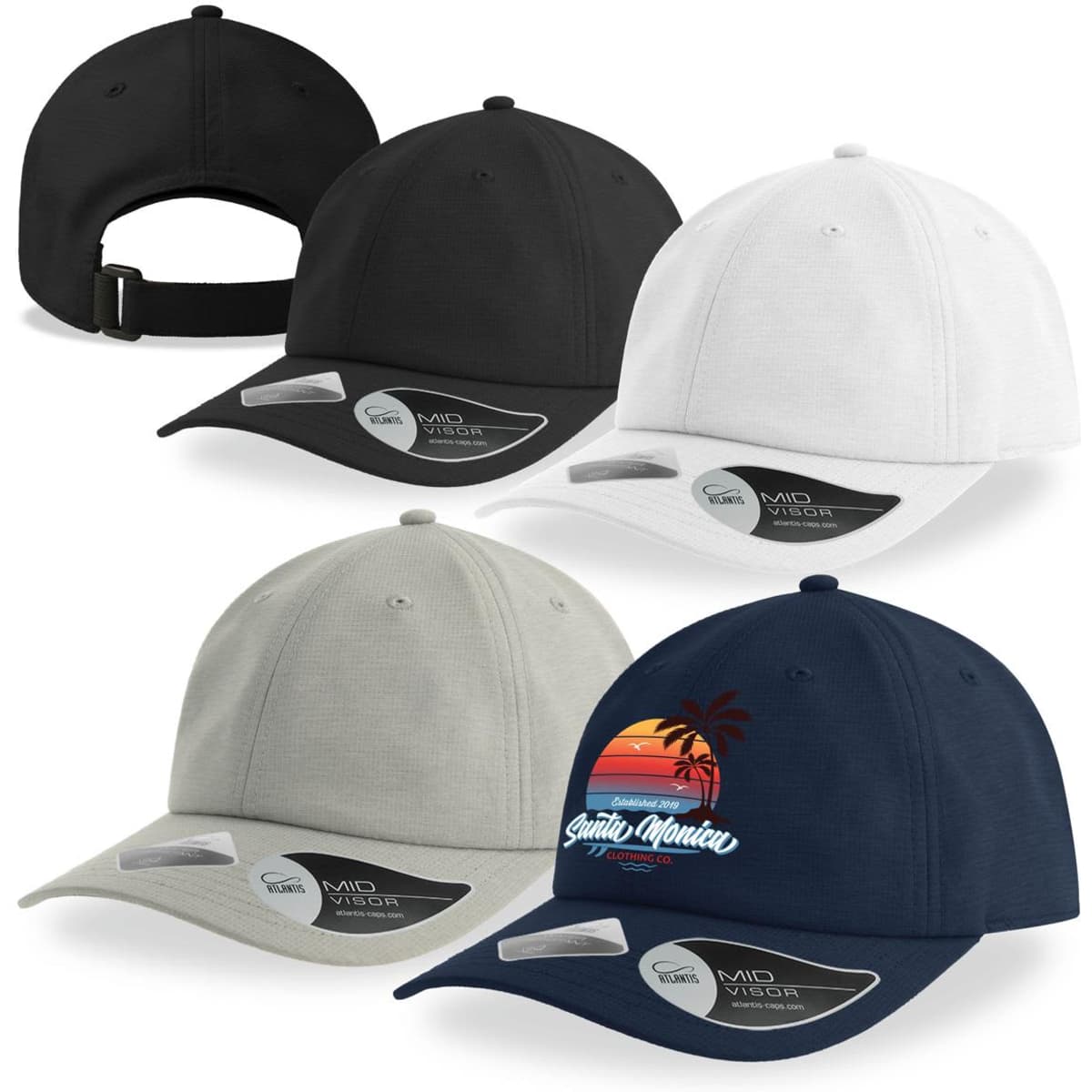 A set of four caps in black, white, grey, and navy, featuring a logo on the navy cap.
