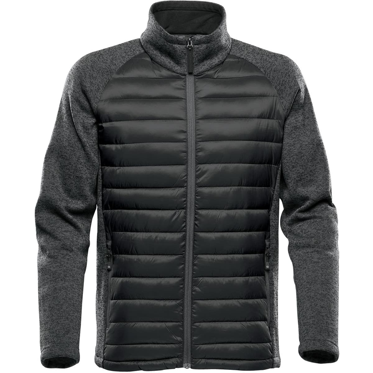 A men's hybrid jacket in dark grey with a quilted front and knit sleeves. Features a full zip and two side pockets.