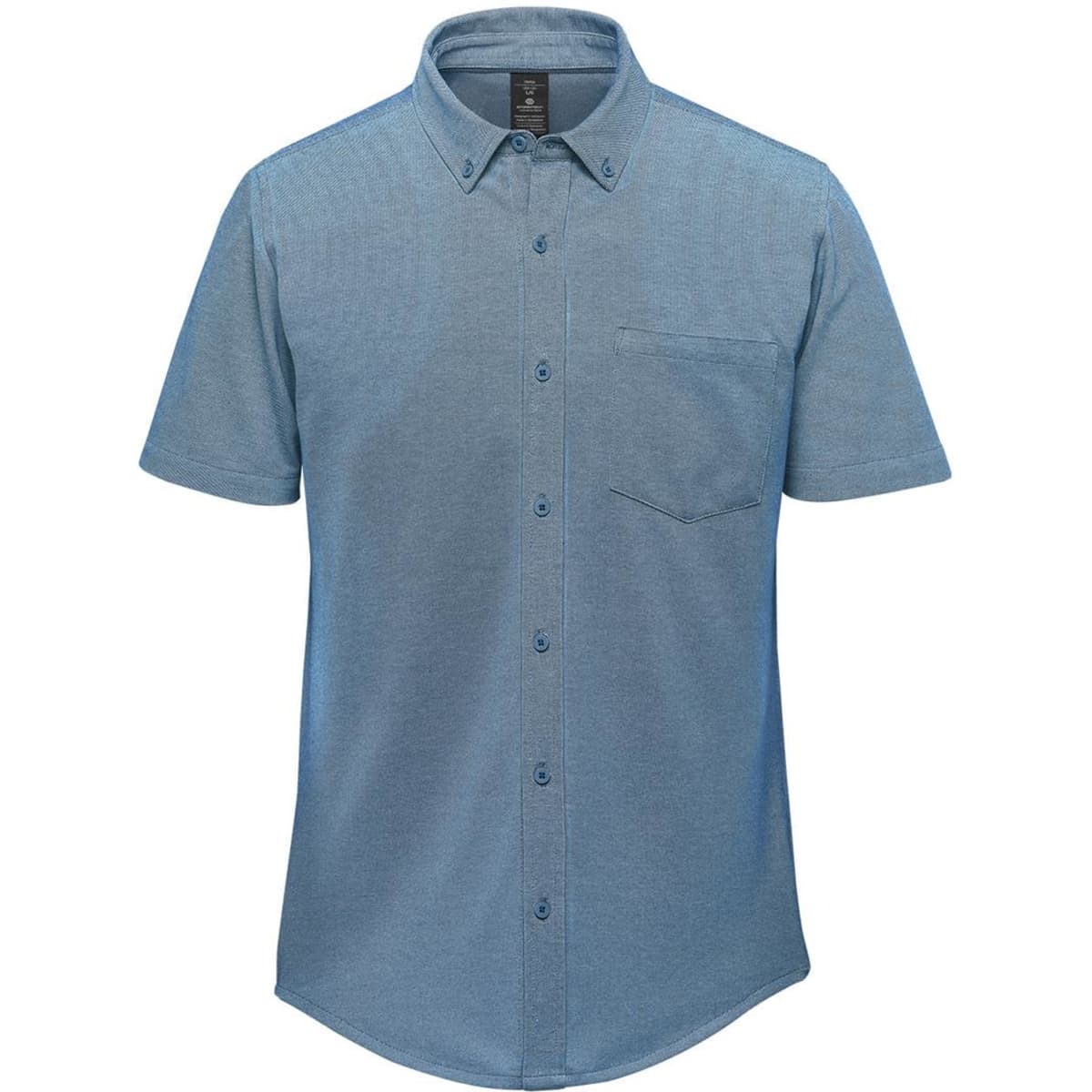 A short-sleeve knit shirt in shades of blue, featuring a button-up front and a chest pocket. It has a logo.