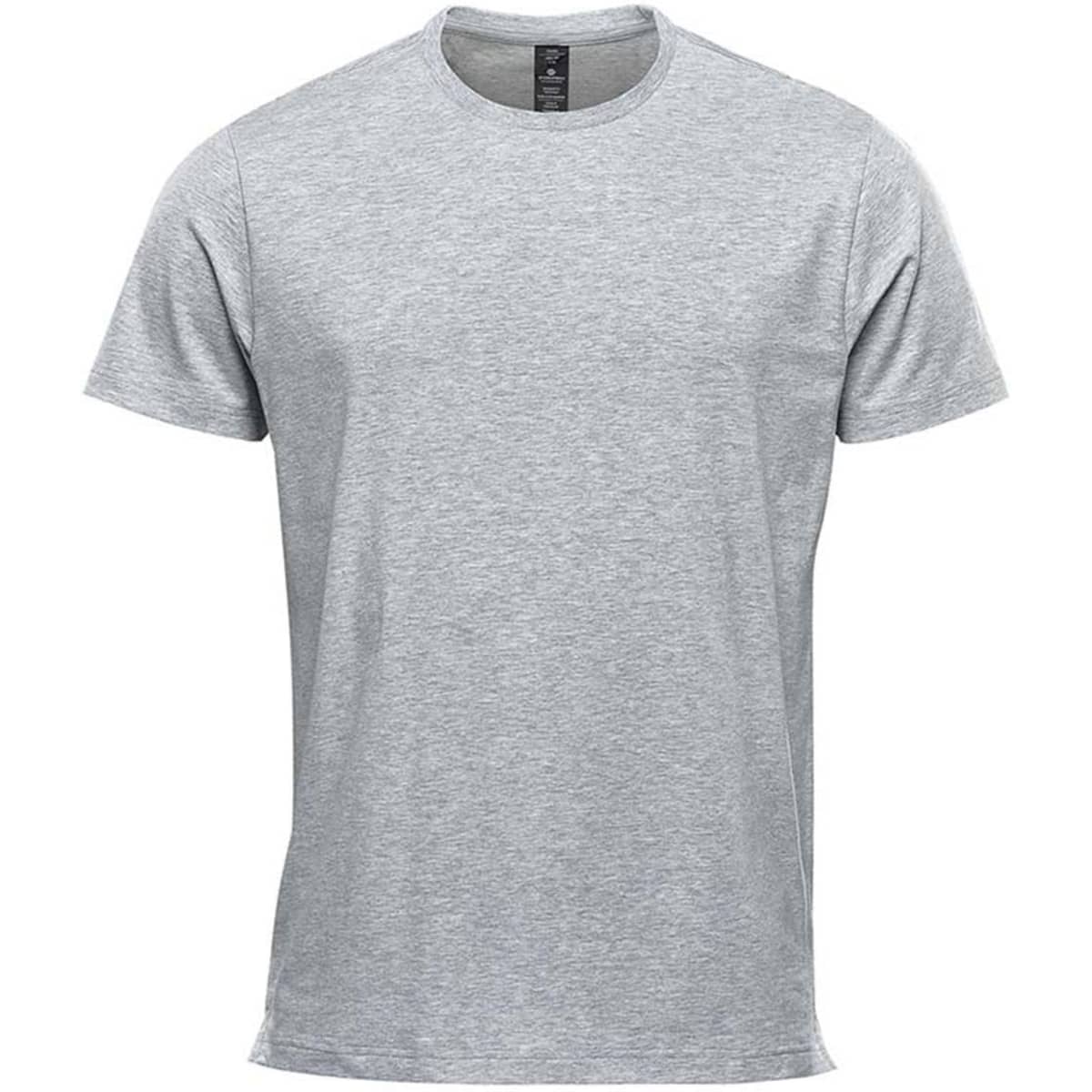 A grey short sleeve tee with a round neckline and a logo on the label. Suitable for casual wear.