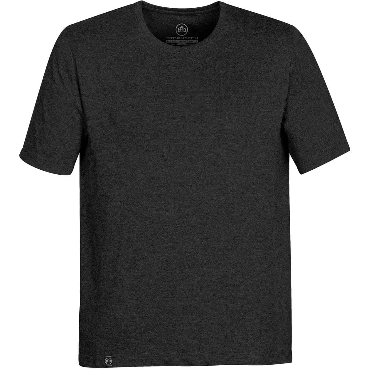 A black short-sleeve men's T-shirt featuring a round neckline and a logo on the bottom hem.