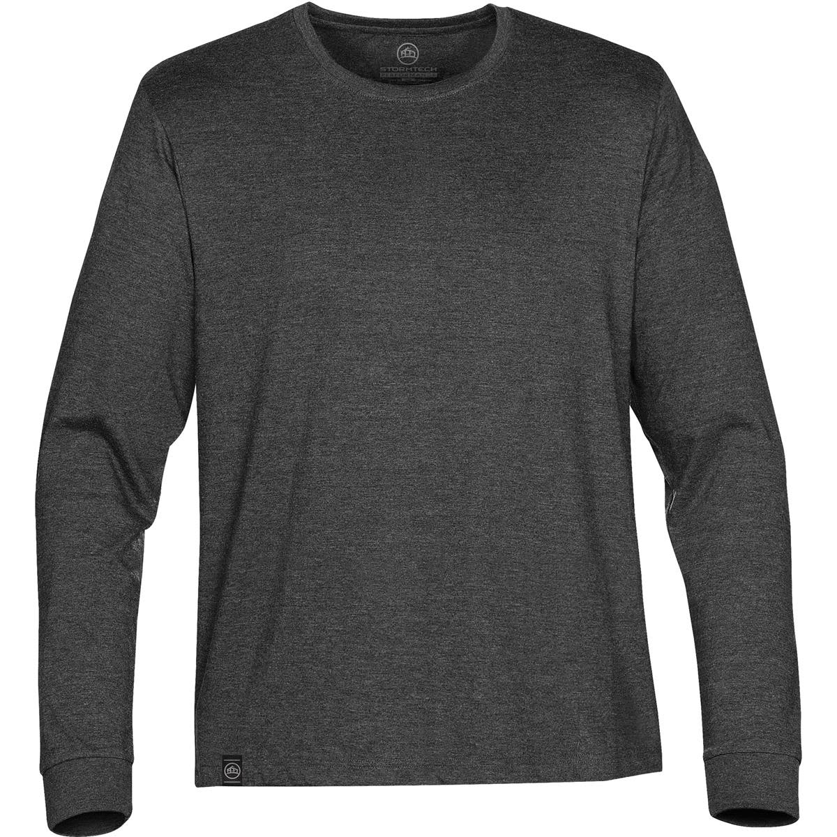 A long-sleeve grey T-shirt featuring a round neck and a brand logo at the hem.