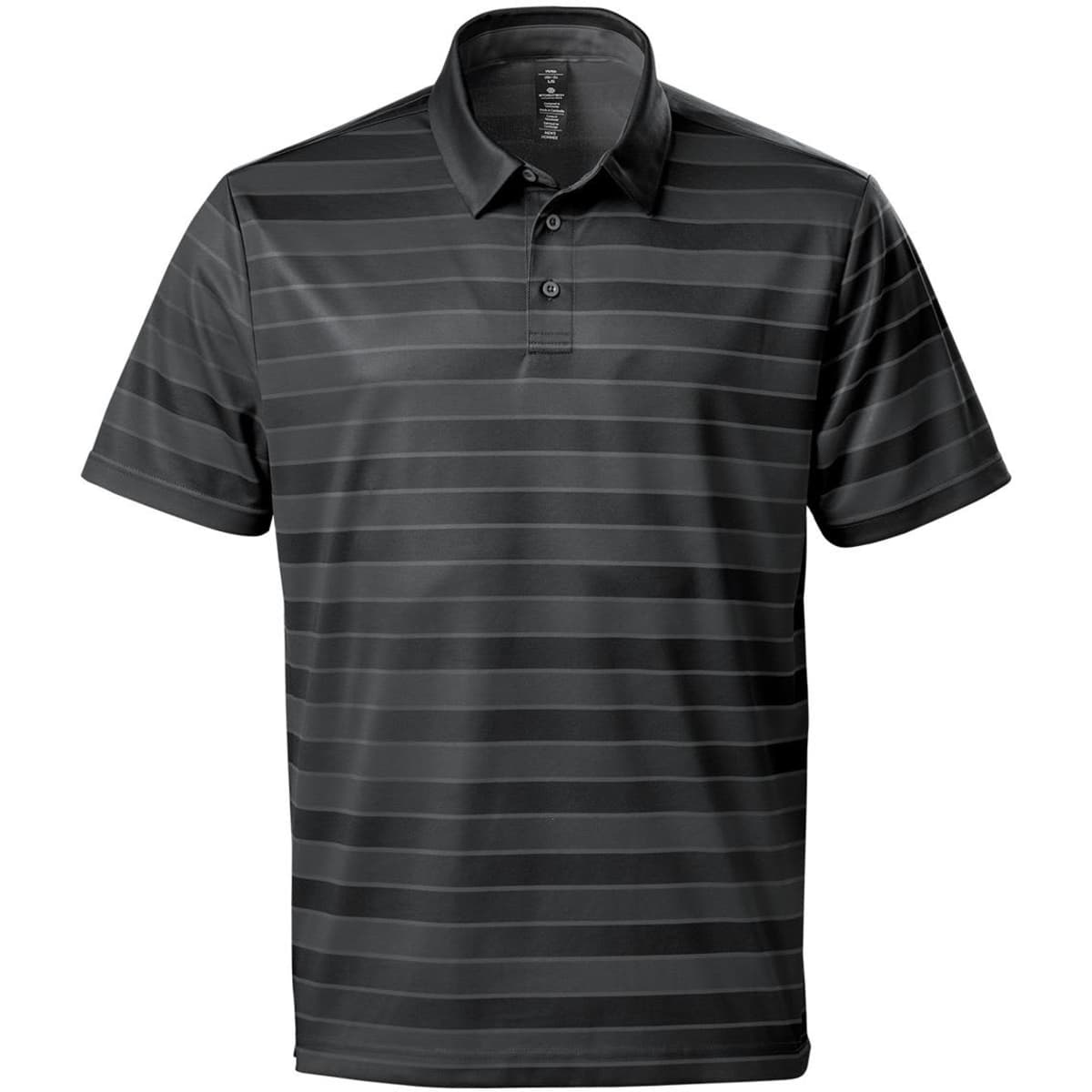 A dark grey polo shirt with horizontal stripes and a collar. It features a logo on the chest.