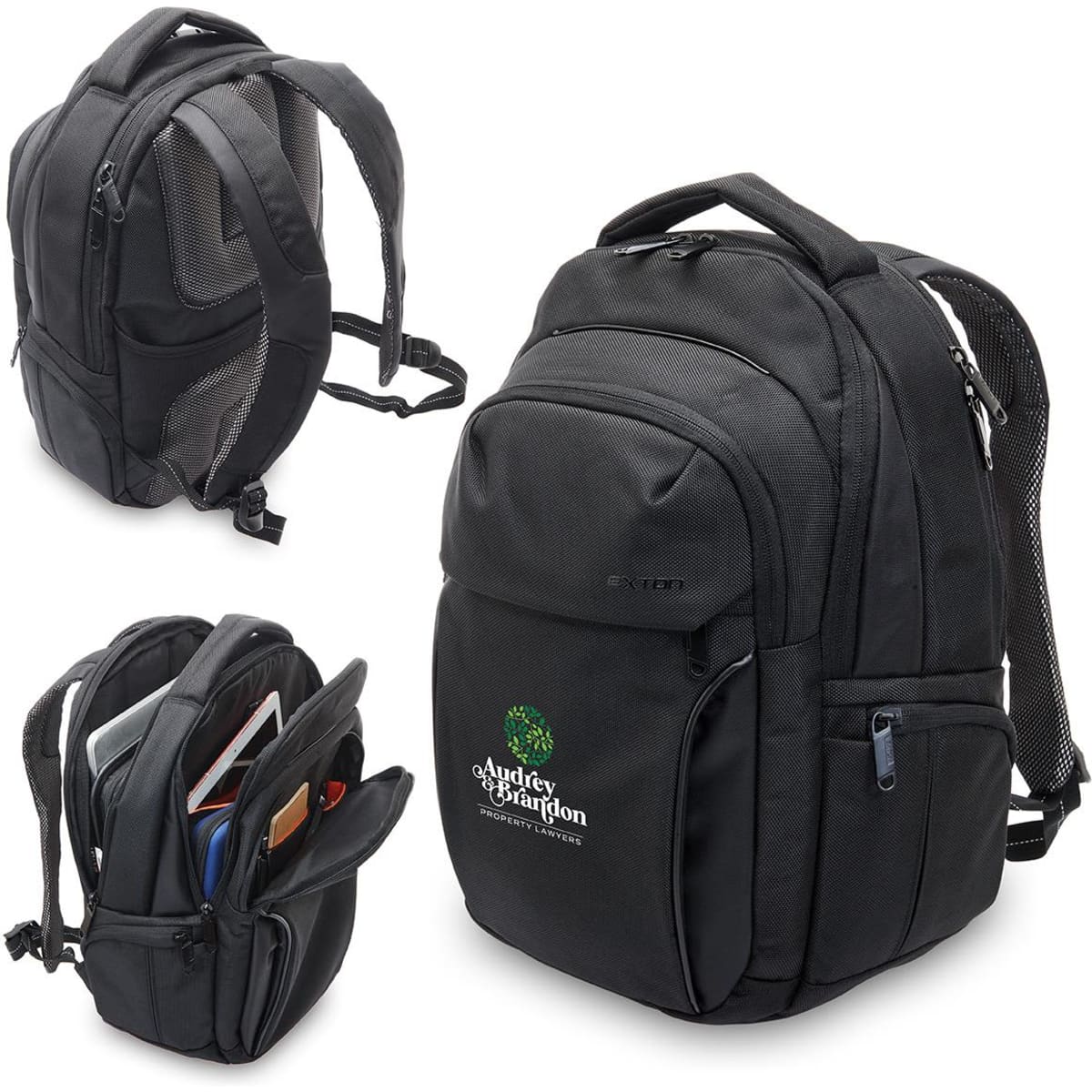 A black Exton Laptop Backpack with multiple compartments, padded straps, and a logo on the front.
