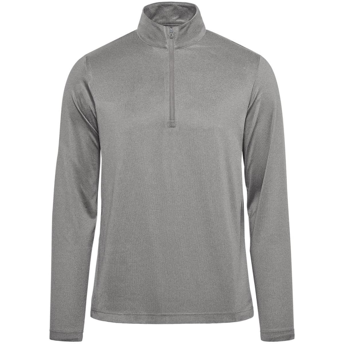 A grey men's pullover featuring a 1/4 zip design and long sleeves. It has a logo on the chest.