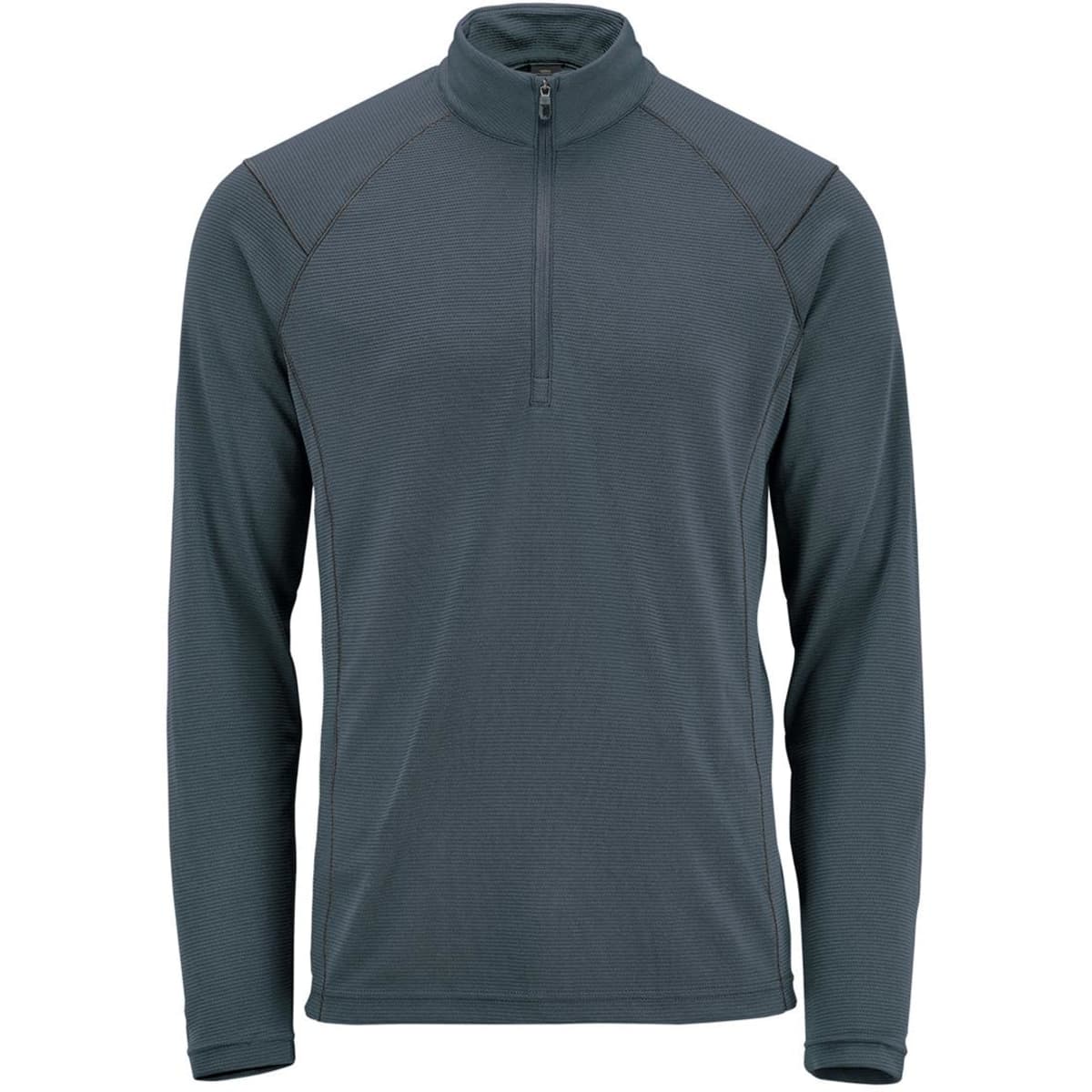 A men's pullover in dark grey with a 1/4 zip collar and long sleeves. Features a logo on the chest.