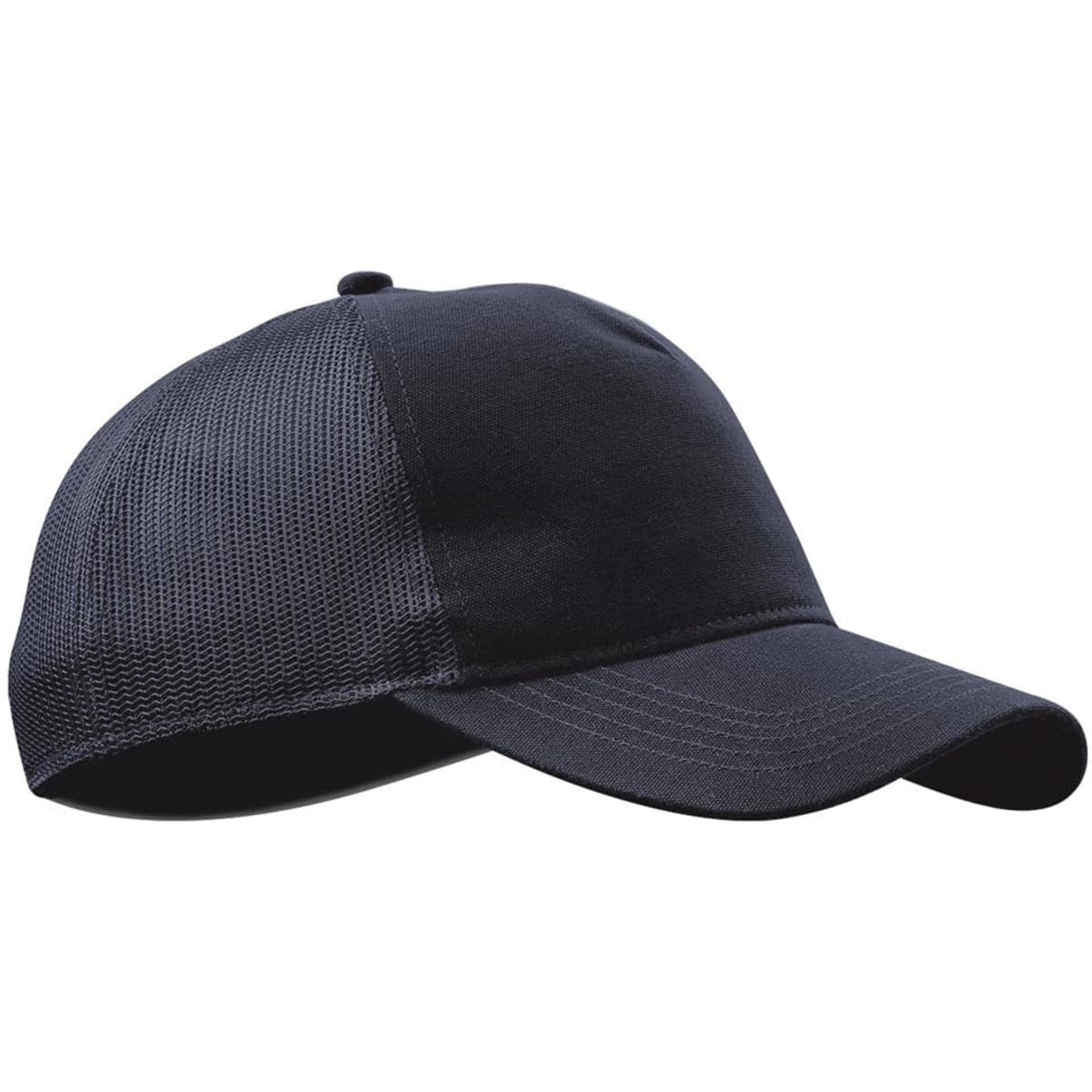 A black trucker cap featuring a solid front and mesh back, with an adjustable strap and a logo.