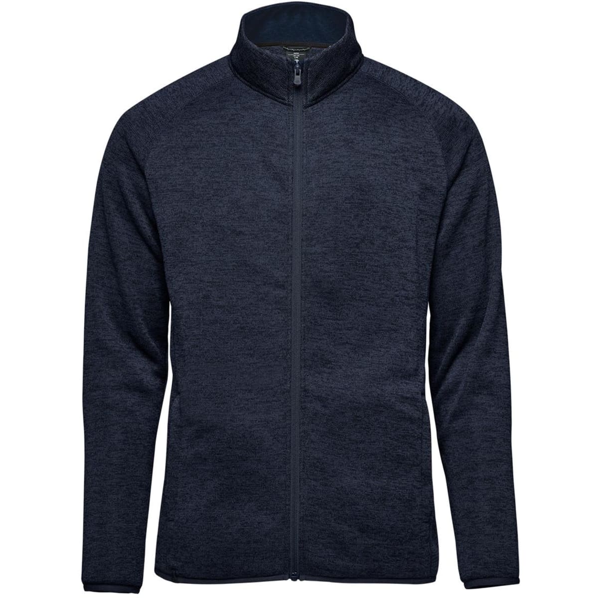 A full zip fleece jacket in navy blue featuring a high collar and a visible zipper. The jacket has a logo.