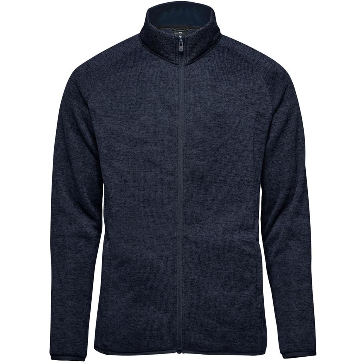 A navy full zip fleece jacket featuring a high collar and a logo on the left chest.