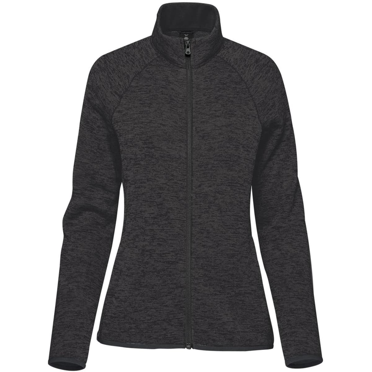 A women's full zip fleece jacket in black, featuring a fitted design and a stand-up collar. Includes a logo.