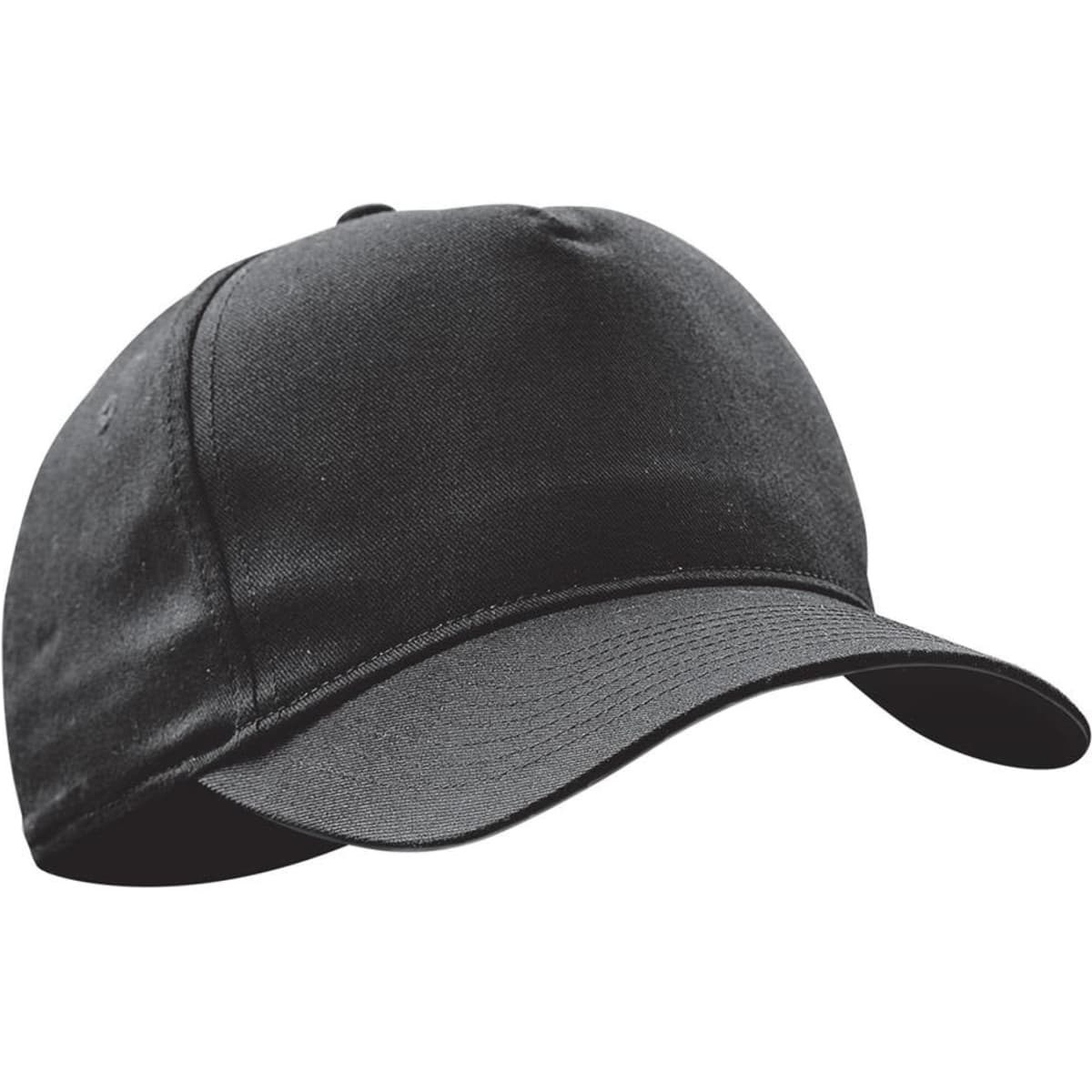A black cap with a curved brim and a seamless design, featuring a logo on the front.