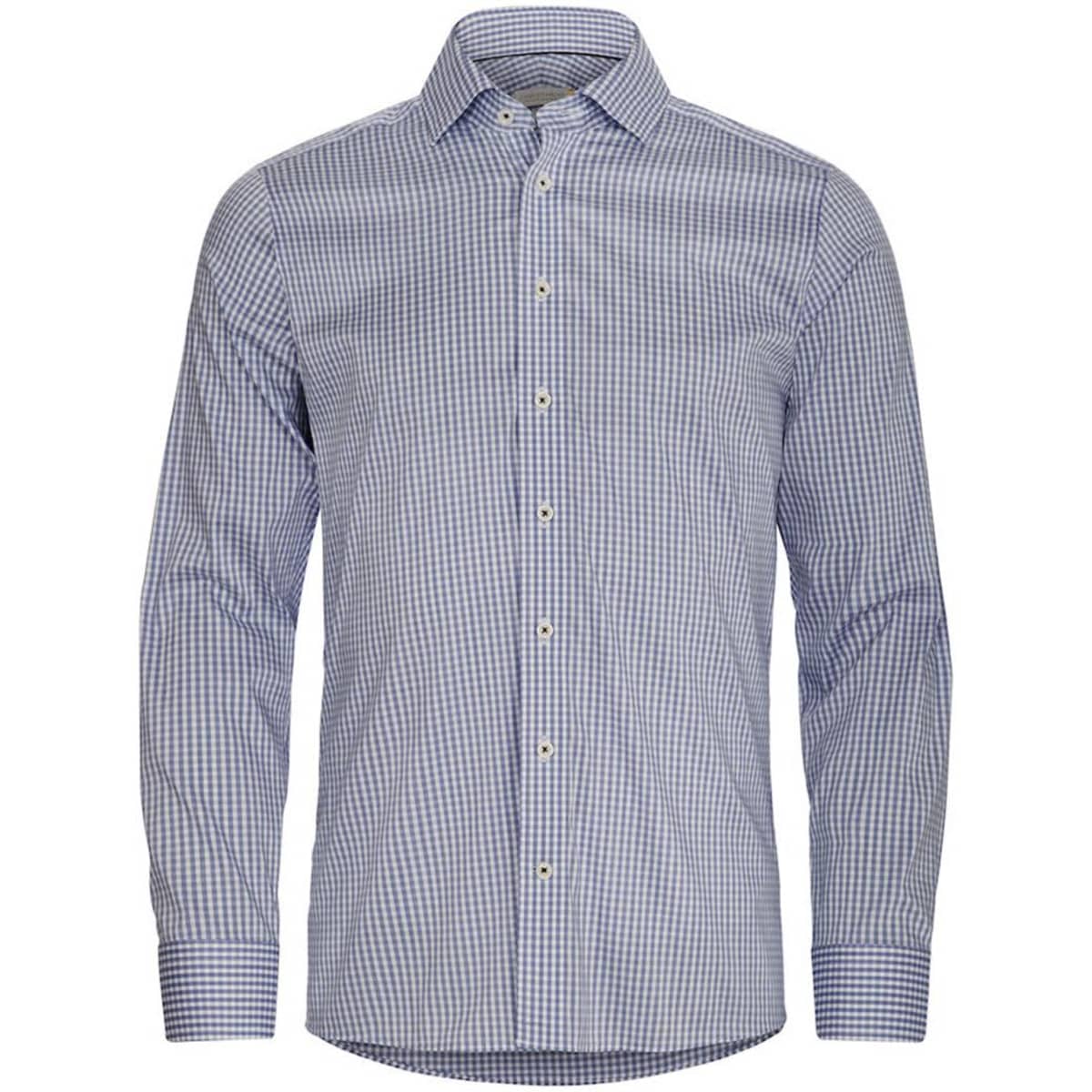 A blue and white check patterned button-up shirt with long sleeves and a collar. The shirt features buttons down the front and a logo.