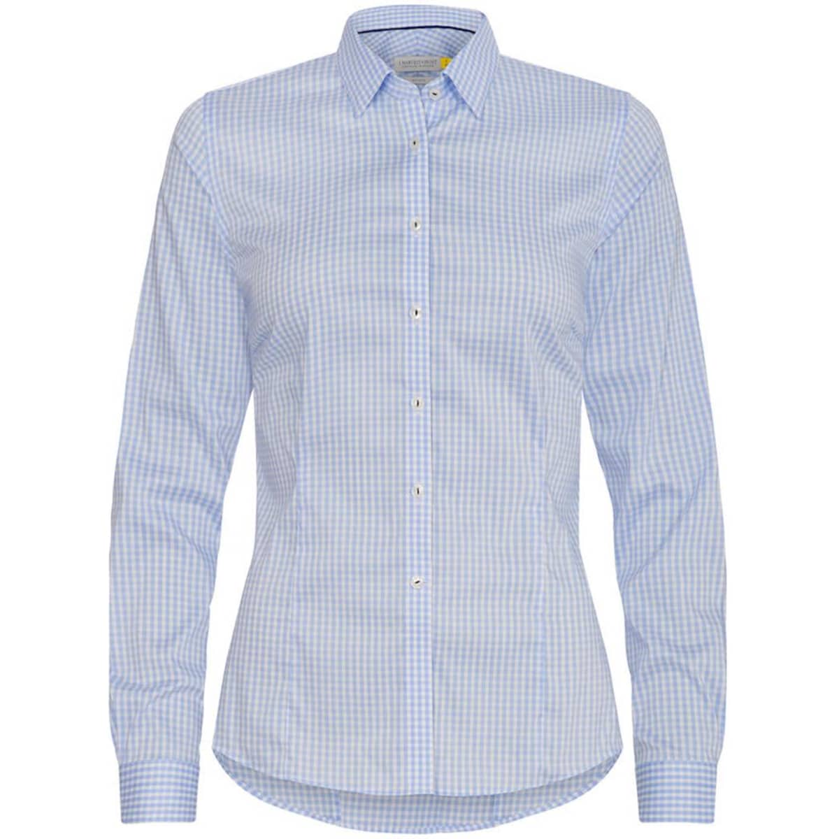 A blue and white check-patterned women's button-up shirt with a collared neckline and long sleeves.