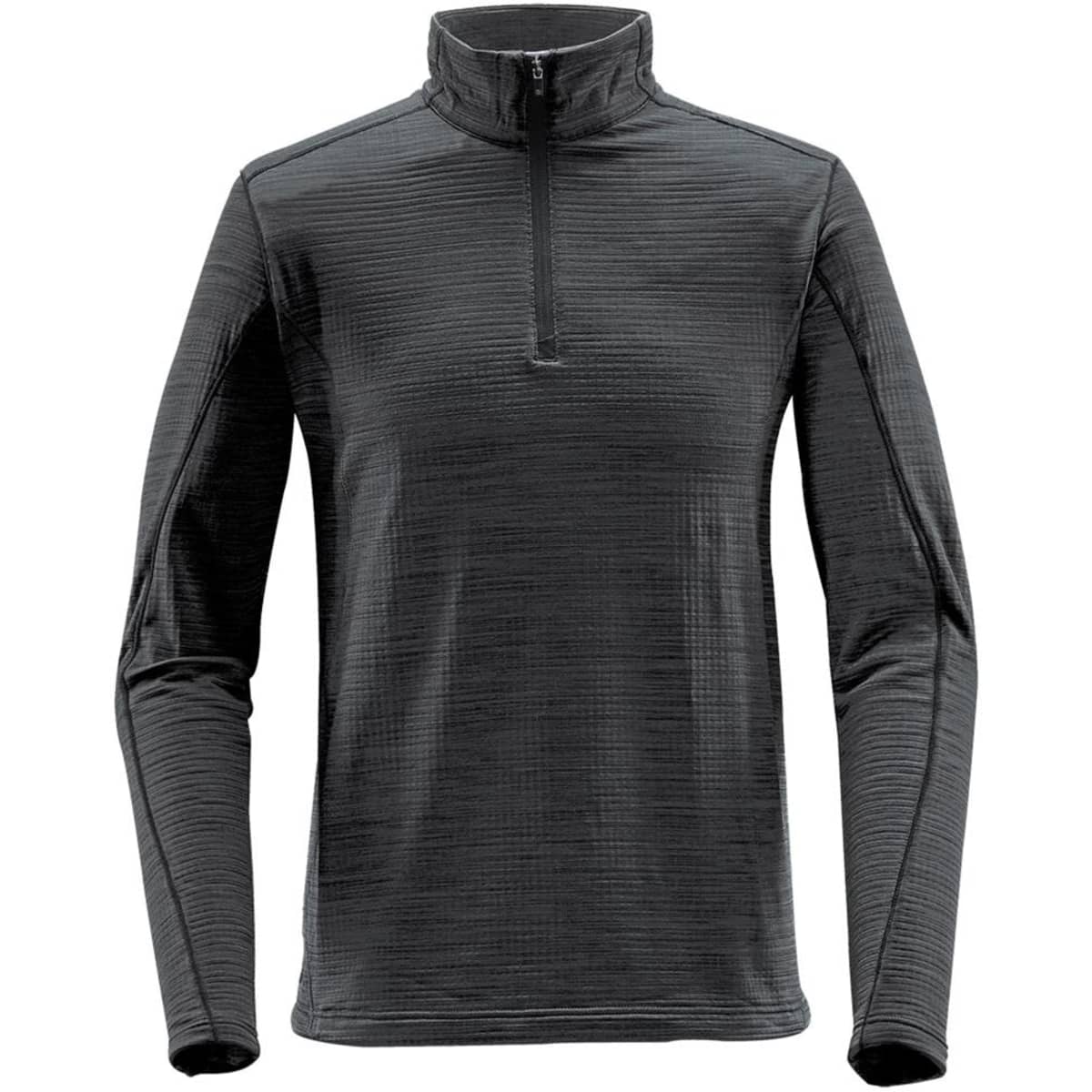 A men's thermal 1/4 zip jumper in black with a textured pattern and long sleeves. It features a zip neck and has a logo.