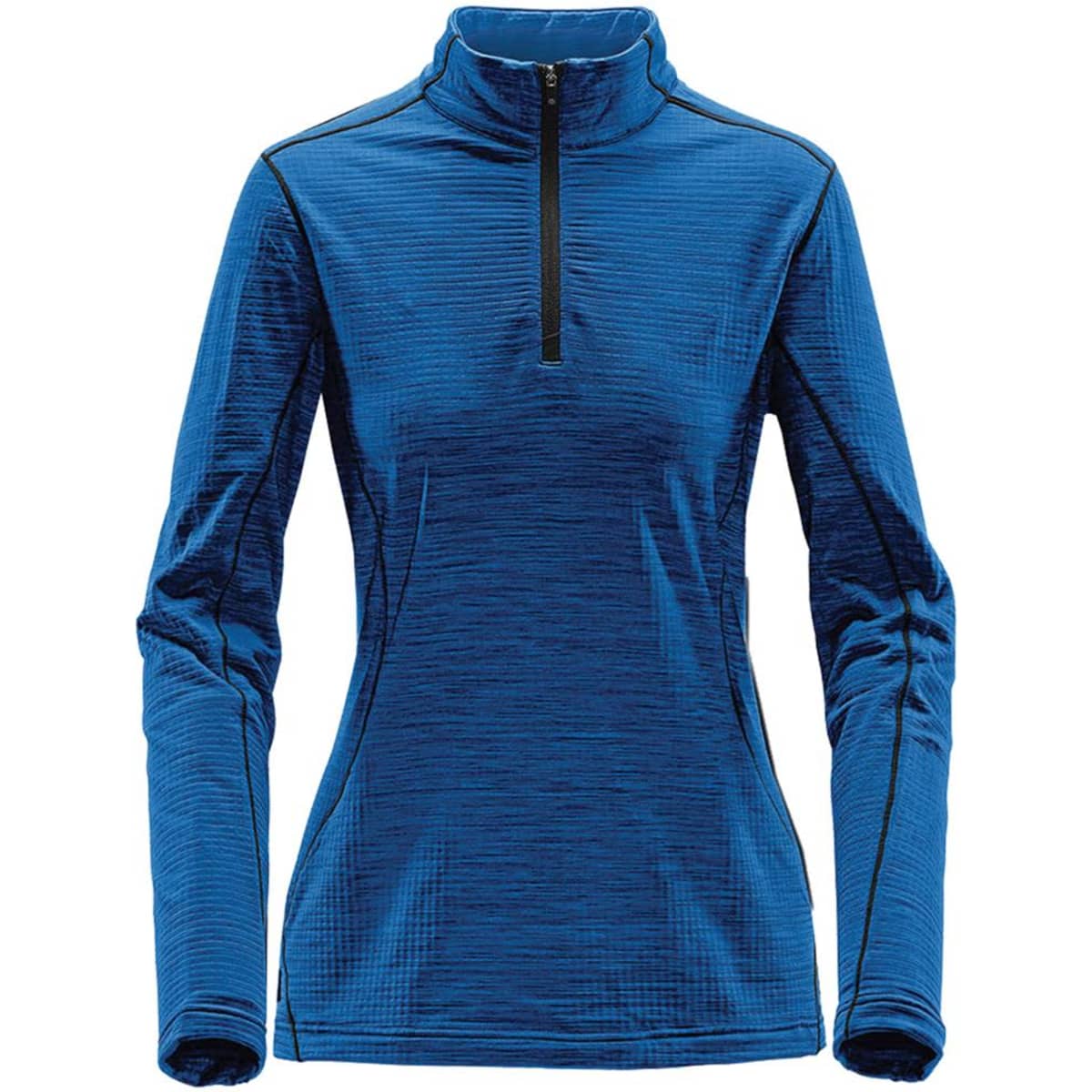 A blue women's base thermal 1/4 zip jumper with long sleeves and a zip at the collar, featuring a logo.