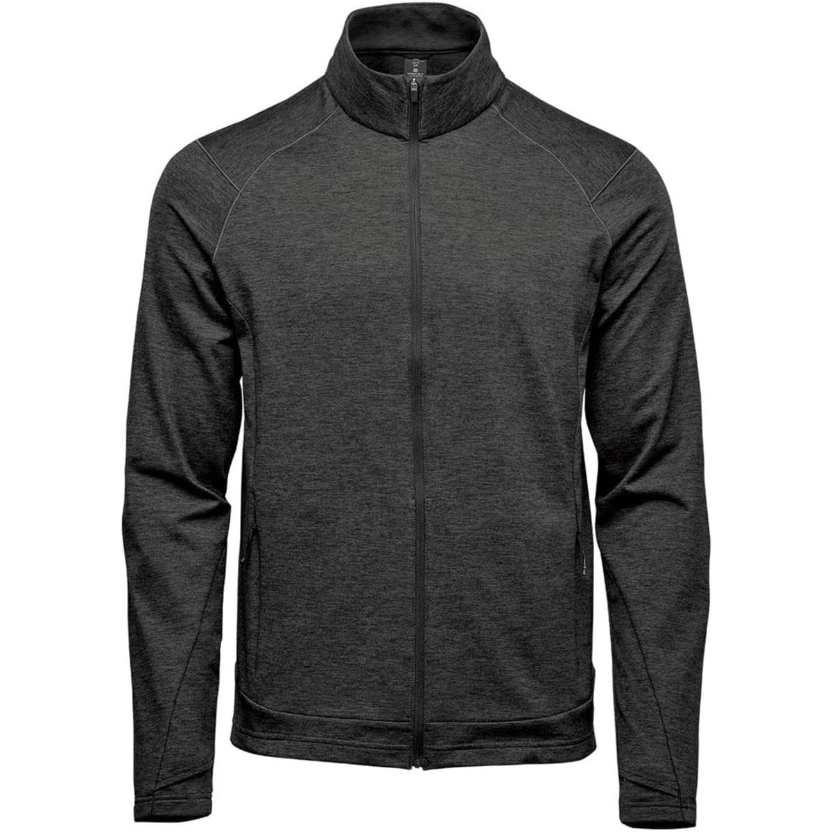 A dark grey performance jacket with a high collar and zip closure, featuring a logo on the front.
