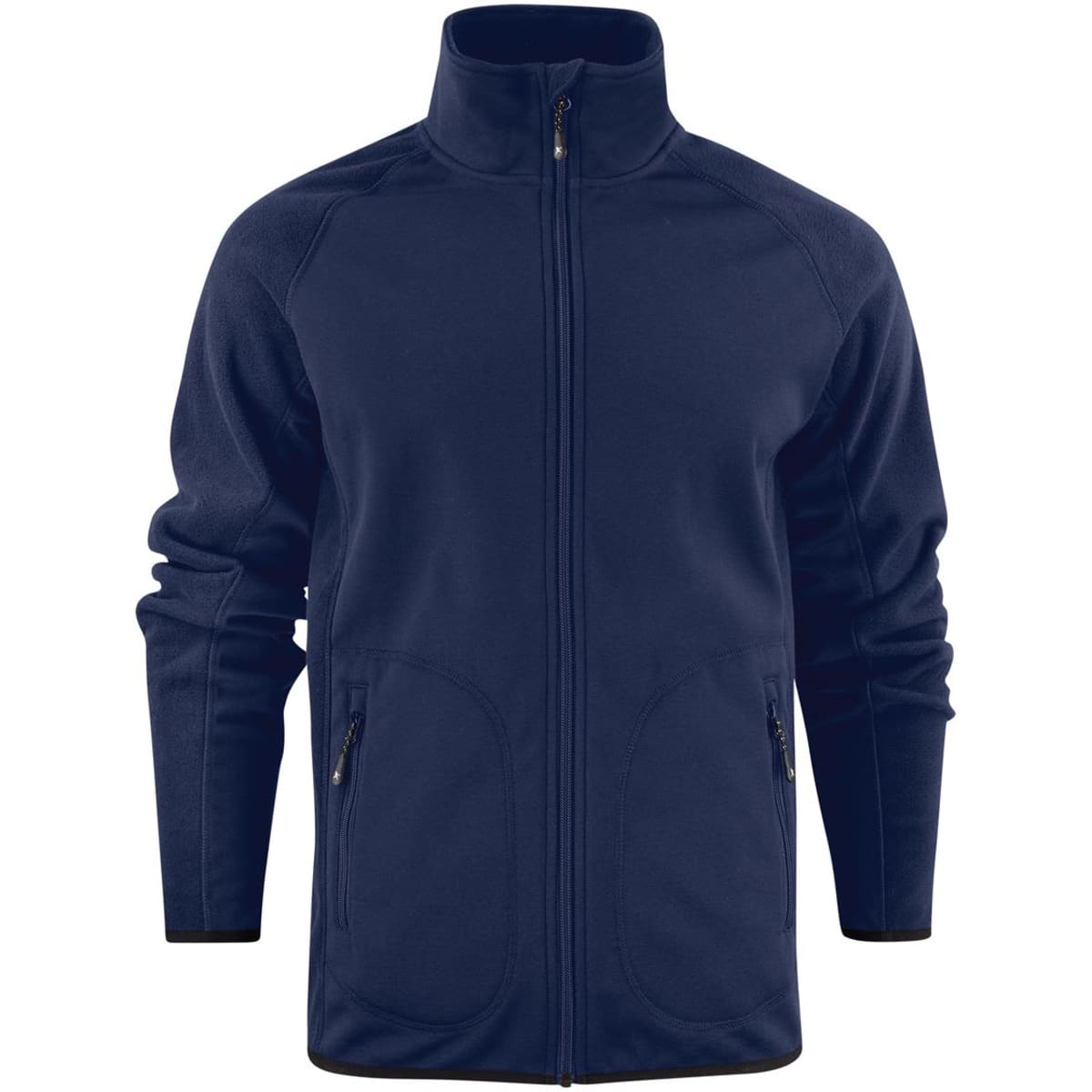 A navy softshell fleece hybrid jacket with a zip front and side pockets. Features a logo on the chest.