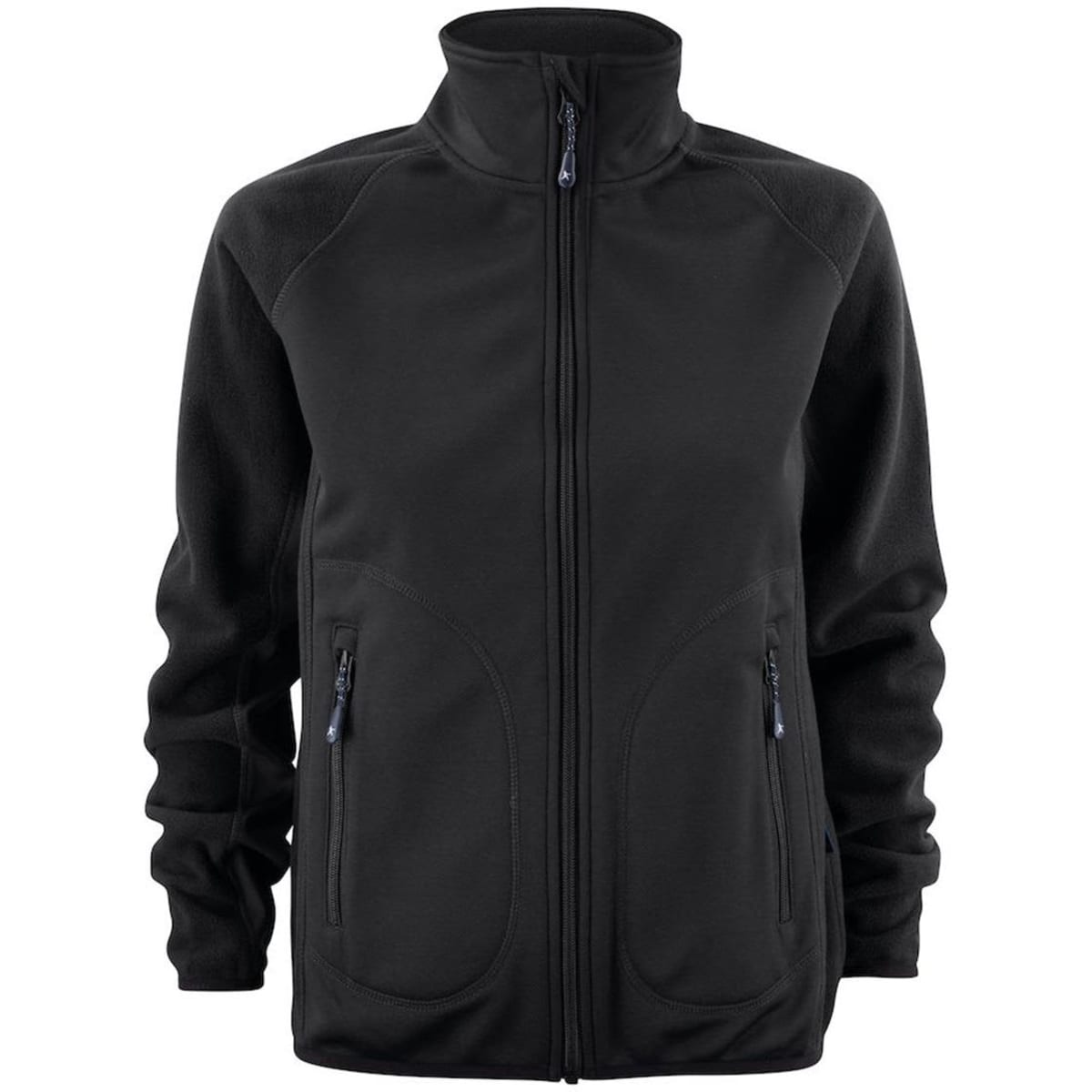 A black softshell fleece hybrid jacket with a zip front and two side pockets, featuring a logo on the chest.
