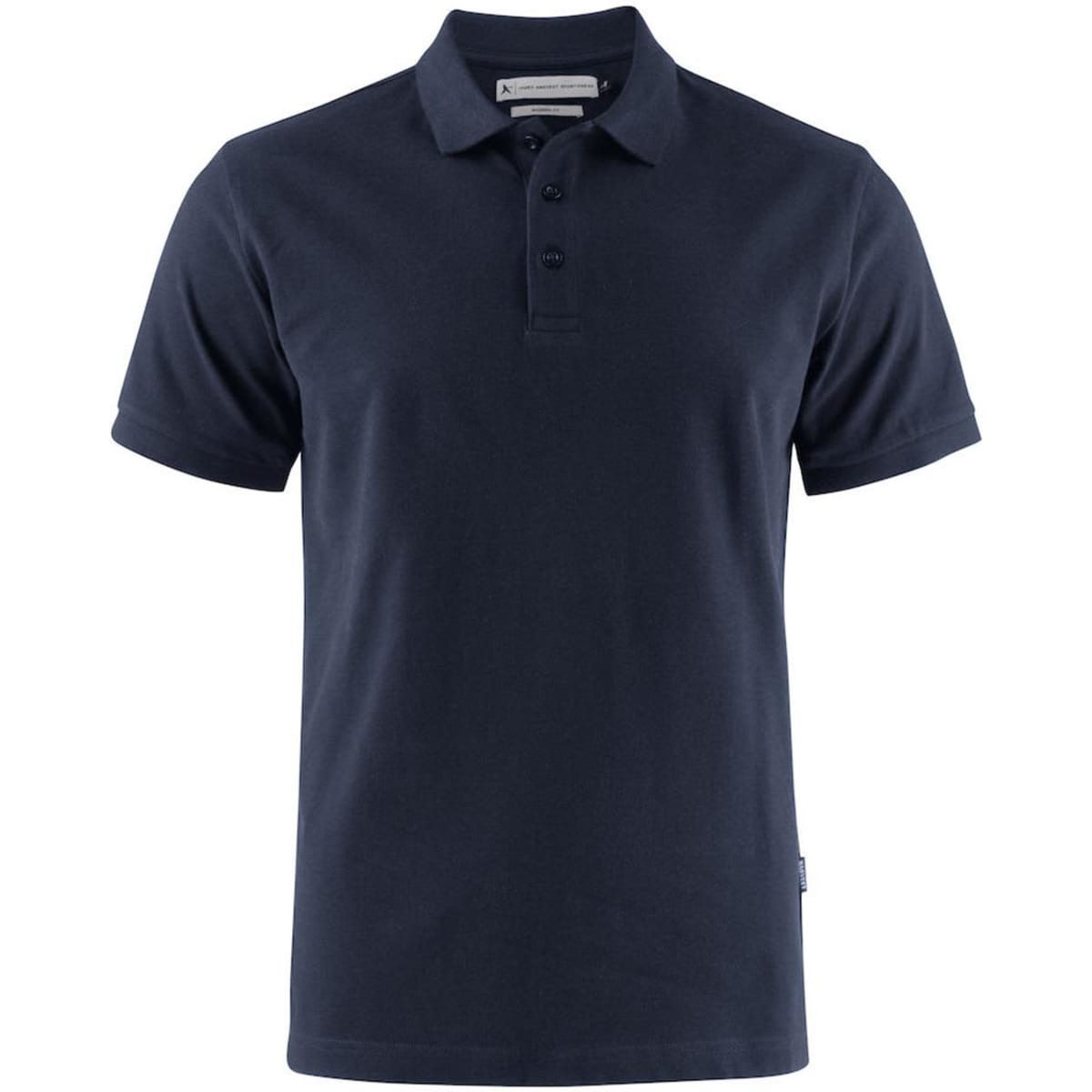 A navy blue men's cotton polo shirt with a collar and three-button placket. It features a logo on the side.