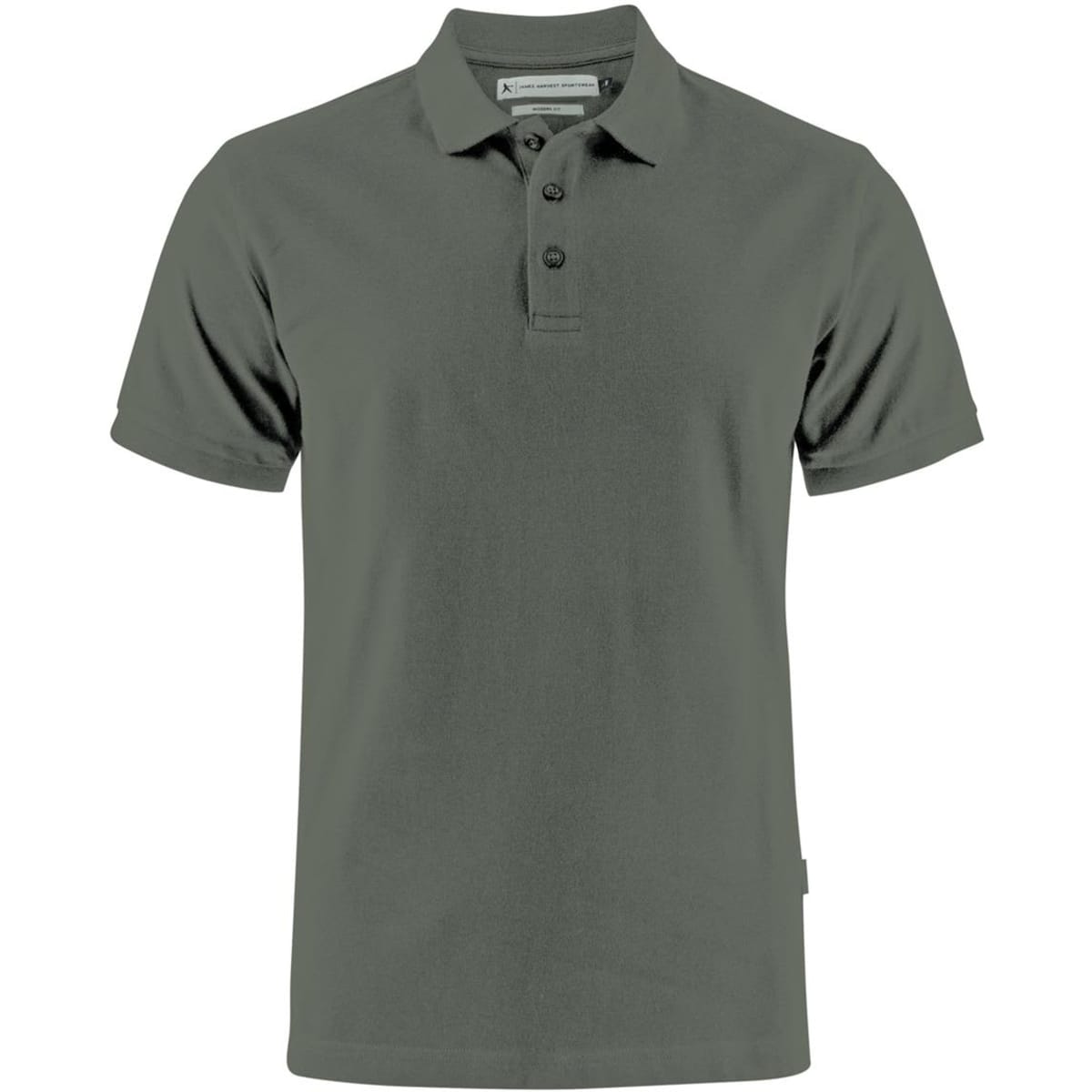 A grey men's cotton polo shirt with short sleeves, featuring a collar and buttons, and a logo on the side.