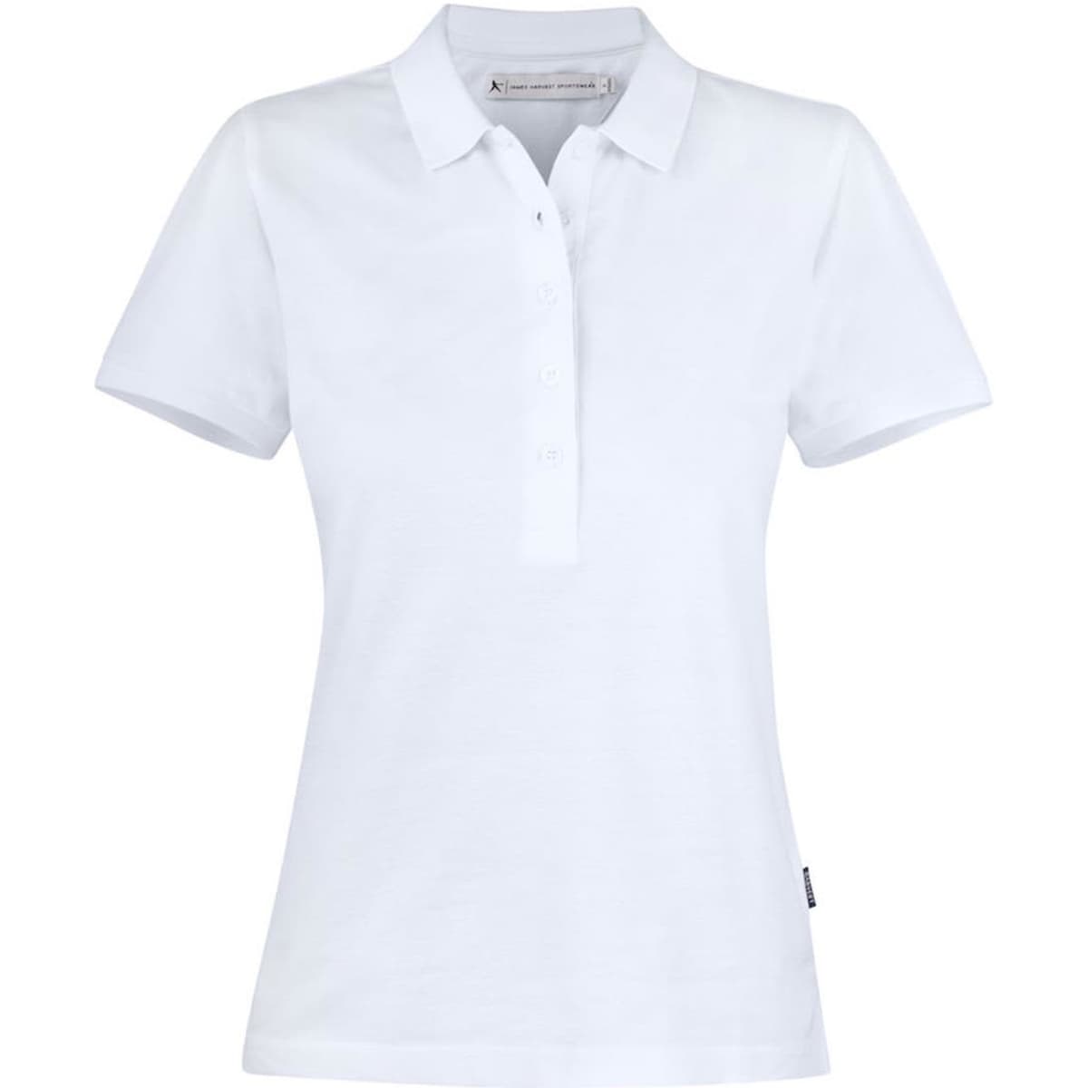 A white women's cotton polo shirt with a collar and buttoned placket, featuring a branded tag at the hem.