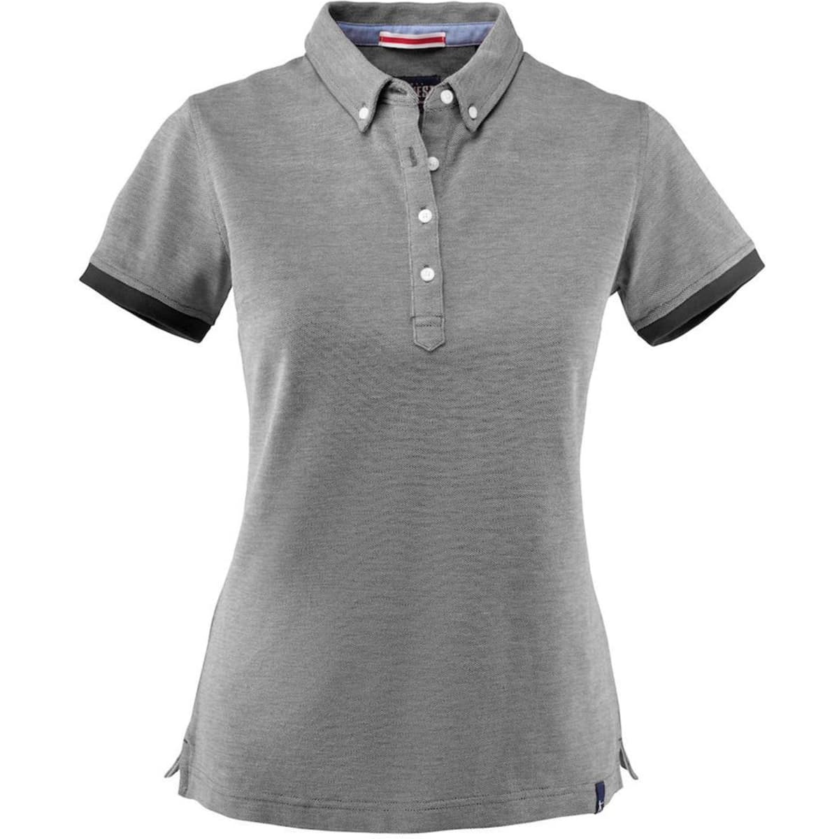 A grey women's cotton polo shirt featuring a button-up collar and contrasting sleeves, with a logo on the design.